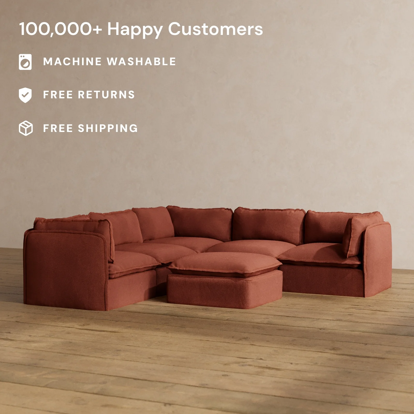 Modular Washable 5-Seater Corner Sectional + Ottoman in Rust | Deluxe+ Seat | Cloud Pillow - Image 2