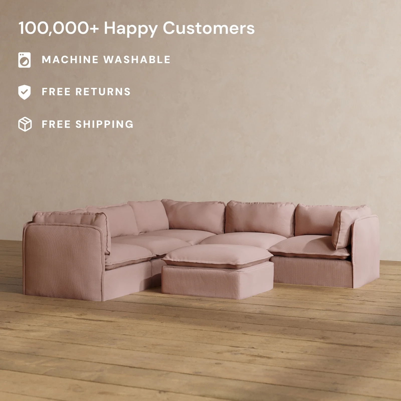 Modular Washable 5-Seater Corner Sectional + Ottoman in Sakura | Memorix+ Seat | Contour Pillow - Image 2
