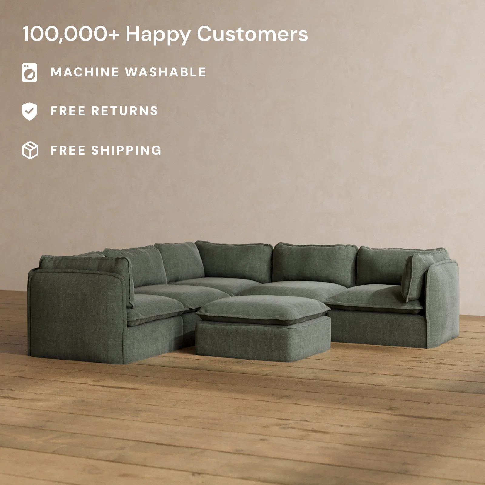 Modular Washable 5-Seater Corner Sectional + Ottoman in Willow | Memorix+ Seat | Contour Pillow - Image 2