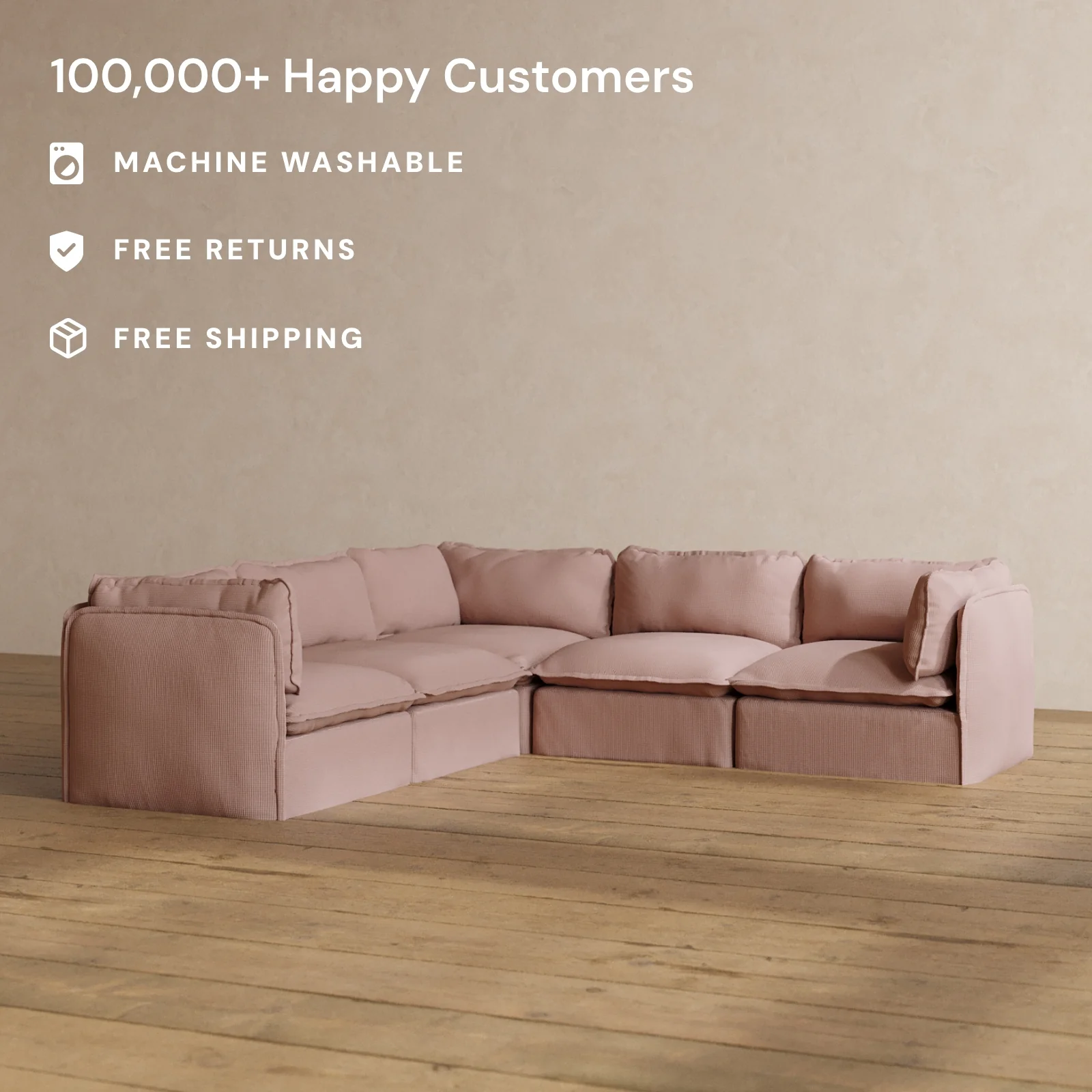 Modular Washable 5-Seater Corner Sectional in Sakura | Deluxe+ Seat | Cloud Pillow - Image 2