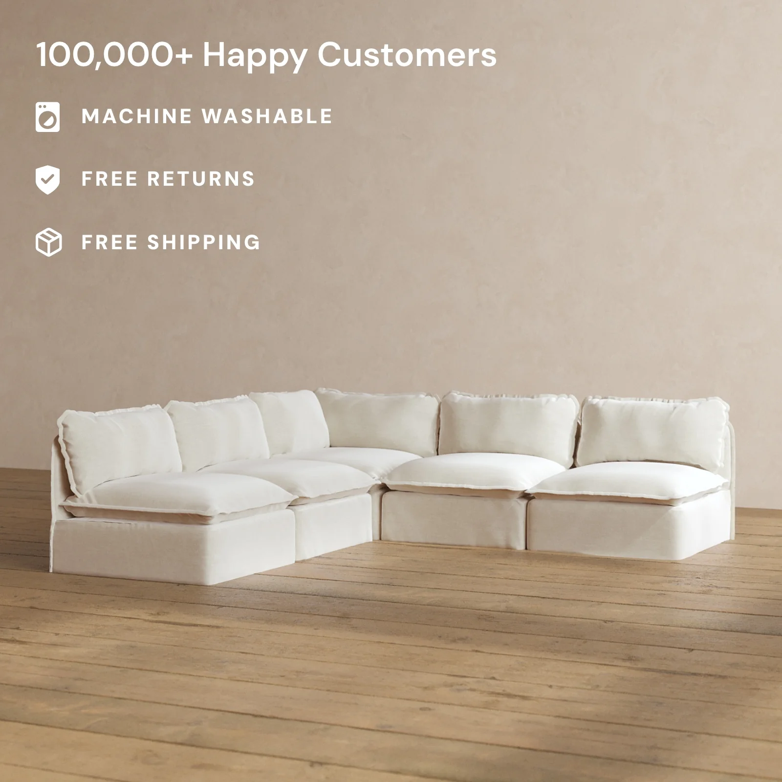 Modular Washable 5-Seater Open-Ends Corner Sectional in Coco | Deluxe+ Seat | Cloud Pillow - Image 2