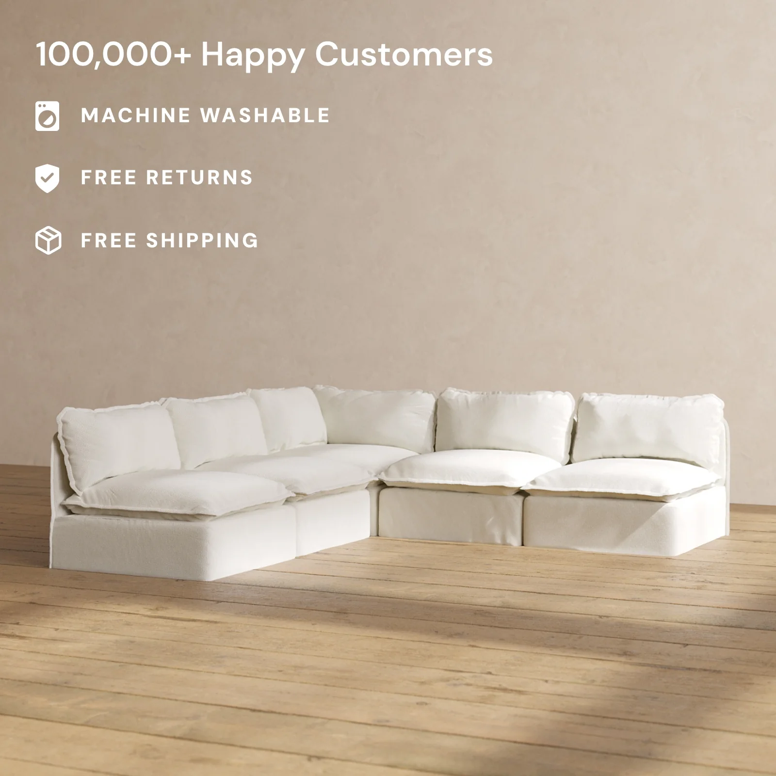 Modular Washable 5-Seater Open-Ends Corner Sectional in Eggshell | Deluxe+ Seat | Cloud Pillow - Image 2
