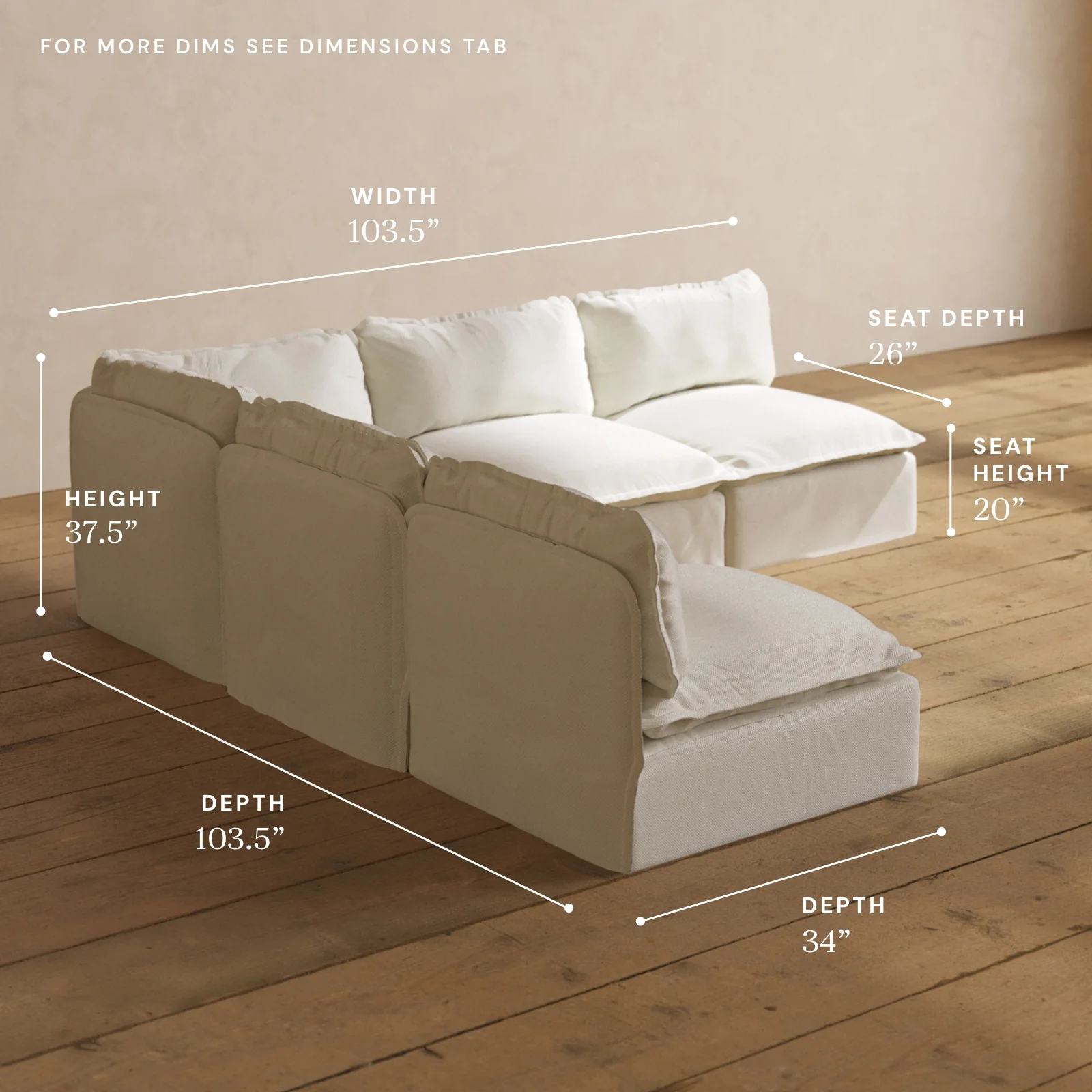 Modular Washable 5-Seater Open-Ends Corner Sectional in Eggshell | Deluxe+ Seat | Cloud Pillow - Image 5