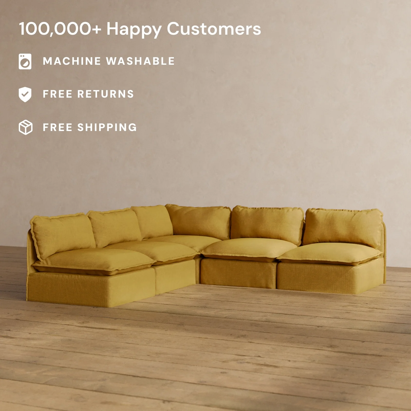 Modular Washable 5-Seater Open-Ends Corner Sectional in Kiiro | Deluxe+ Seat | Cloud Pillow - Image 2