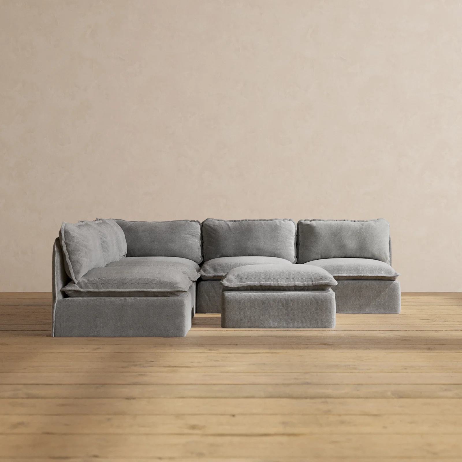 Modular Washable 5-Seater Open-Ends Corner Sectional + Ottoman in Ash | Deluxe+ Seat | Cloud Pillow
