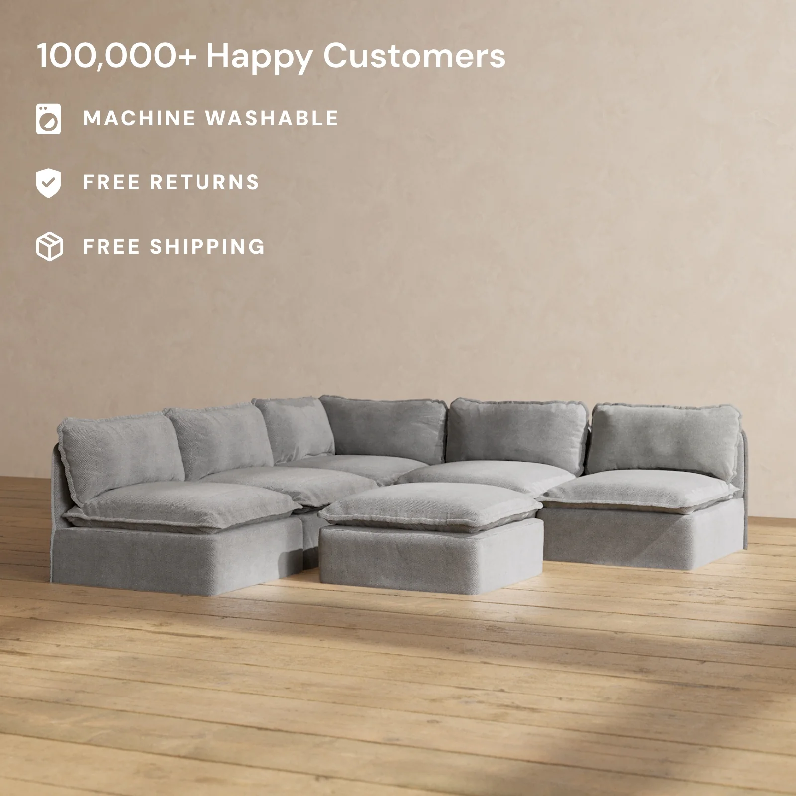 Modular Washable 5-Seater Open-Ends Corner Sectional + Ottoman in Ash | Deluxe+ Seat | Cloud Pillow - Image 2
