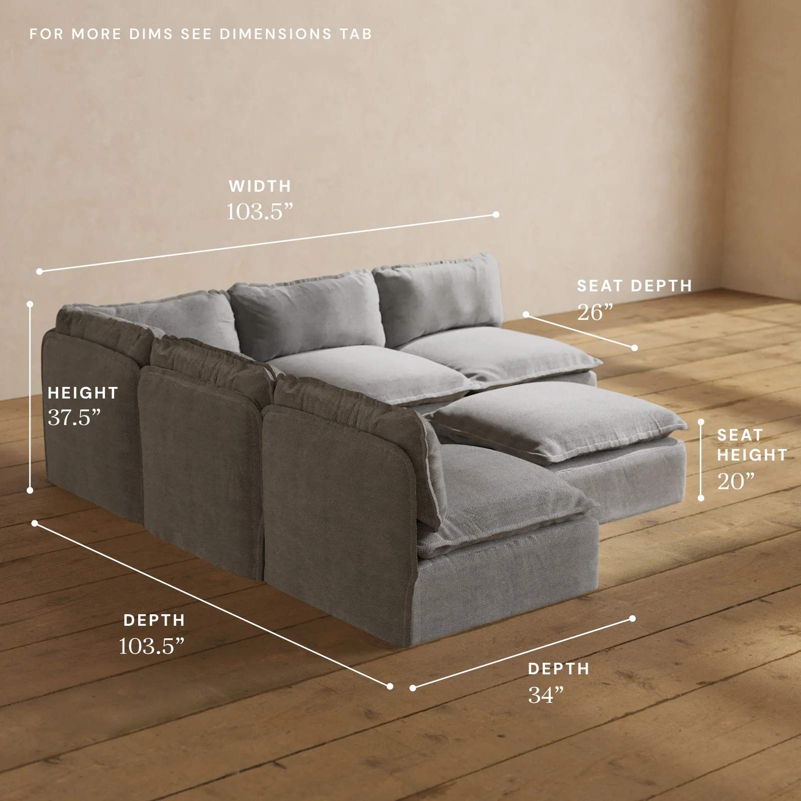 Modular Washable 5-Seater Open-Ends Corner Sectional + Ottoman in Ash | Deluxe+ Seat | Cloud Pillow - Image 5