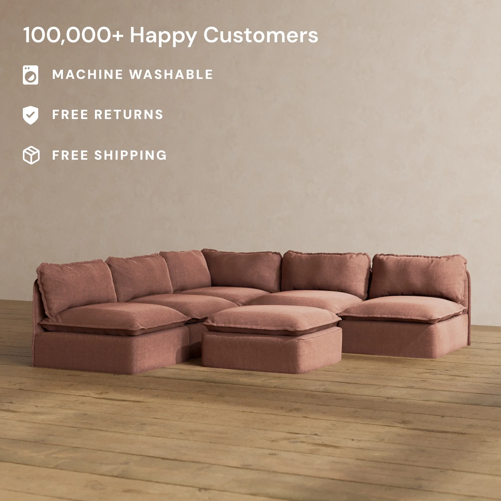 Modular Washable 5-Seater Open-Ends Corner Sectional + Ottoman in Chestnut | Memorix+ Seat | Contour Pillow - Image 2