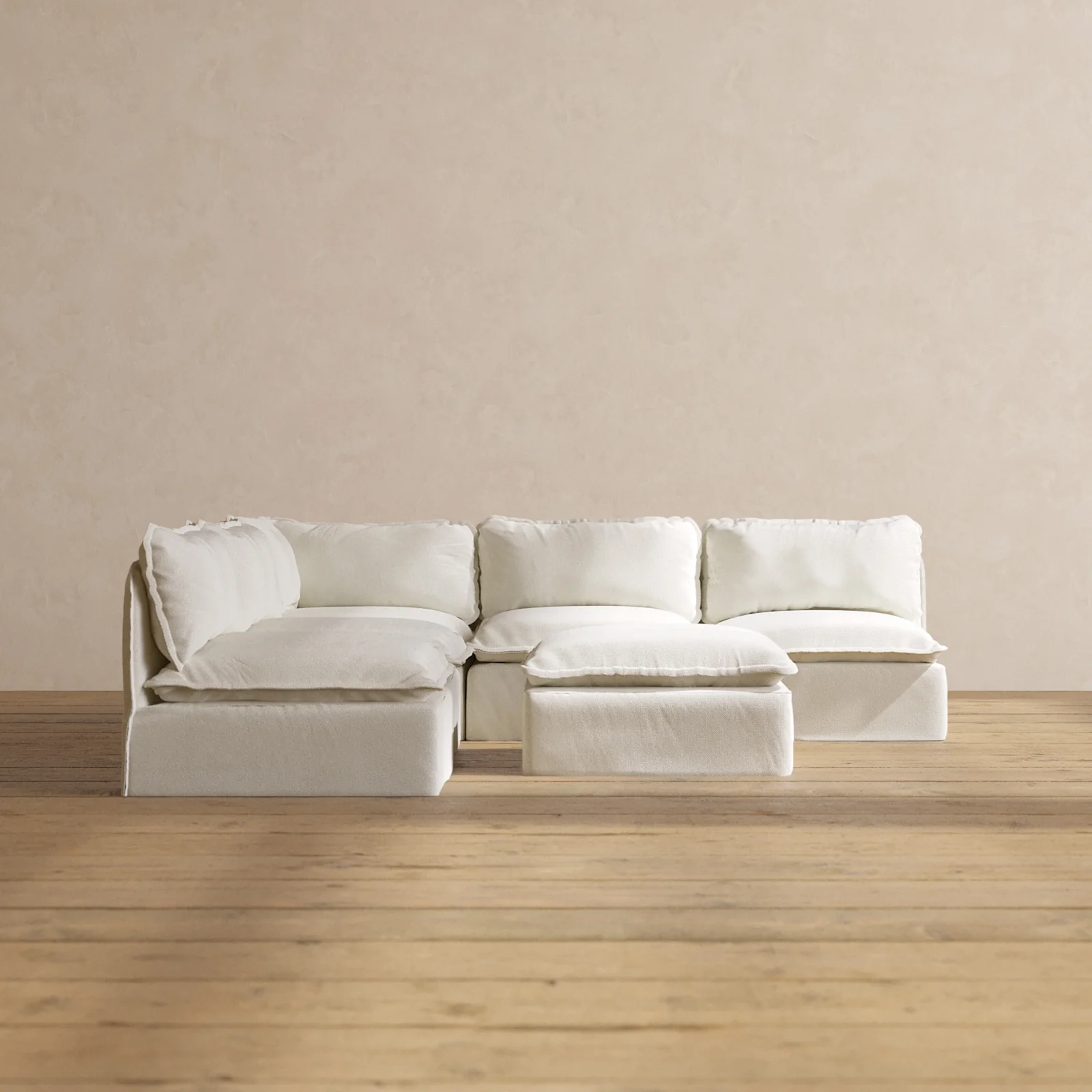 Modular Washable 5-Seater Open-Ends Corner Sectional + Ottoman in Eggshell | Memorix+ Seat | Contour Pillow