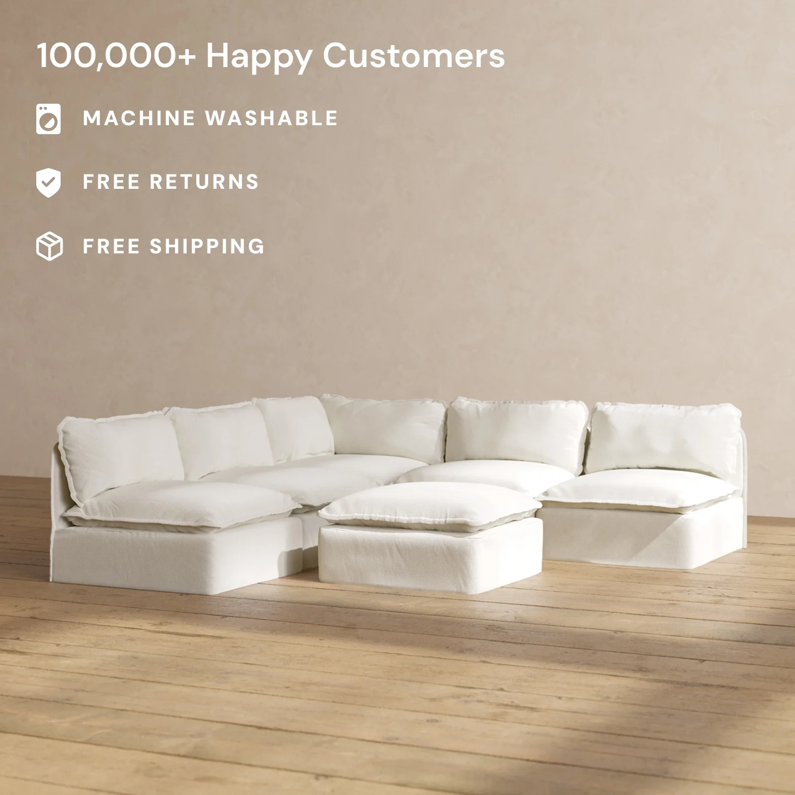Modular Washable 5-Seater Open-Ends Corner Sectional + Ottoman in Eggshell | Memorix+ Seat | Contour Pillow - Image 2