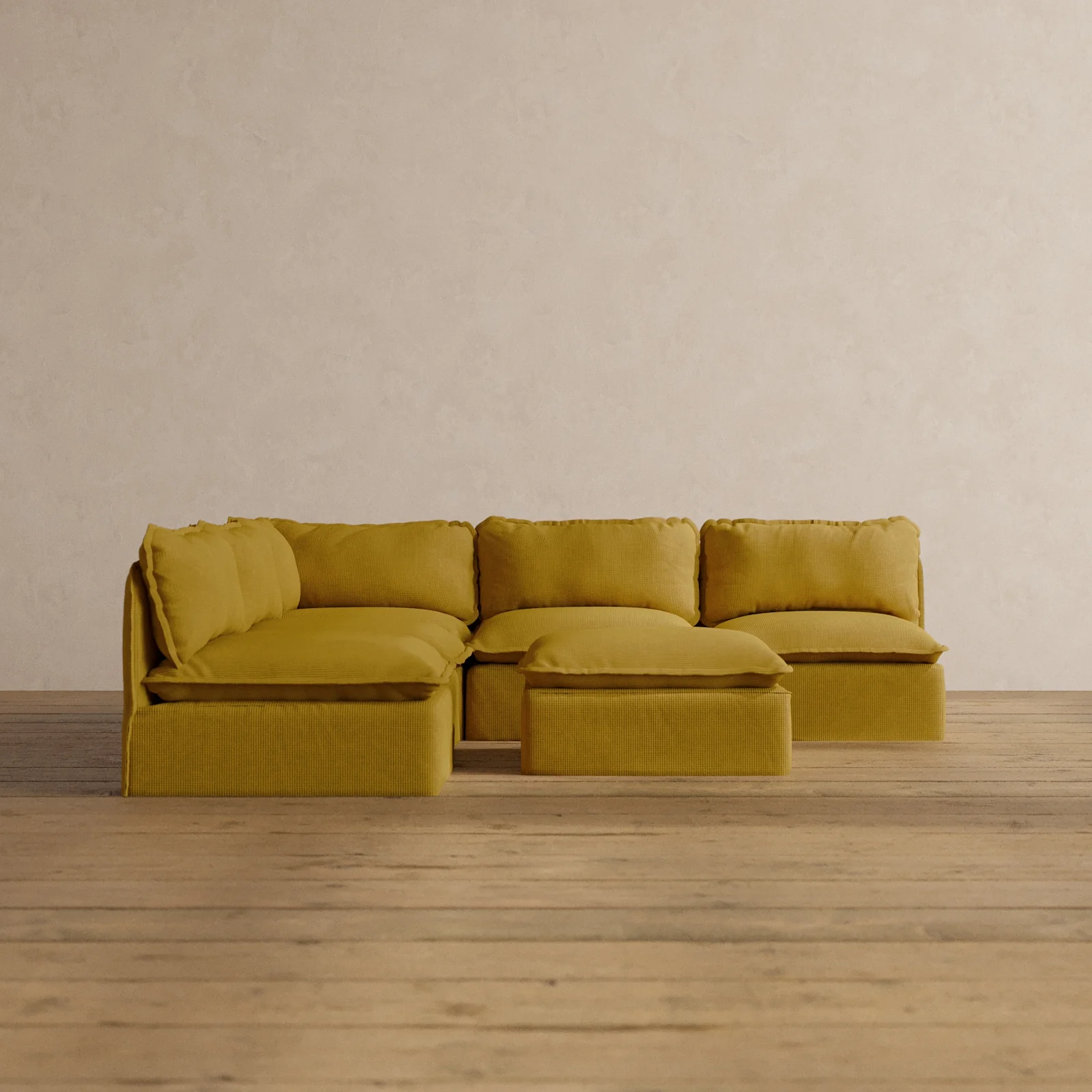 Modular Washable 5-Seater Open-Ends Corner Sectional + Ottoman in Kiiro | Memorix+ Seat | Contour Pillow