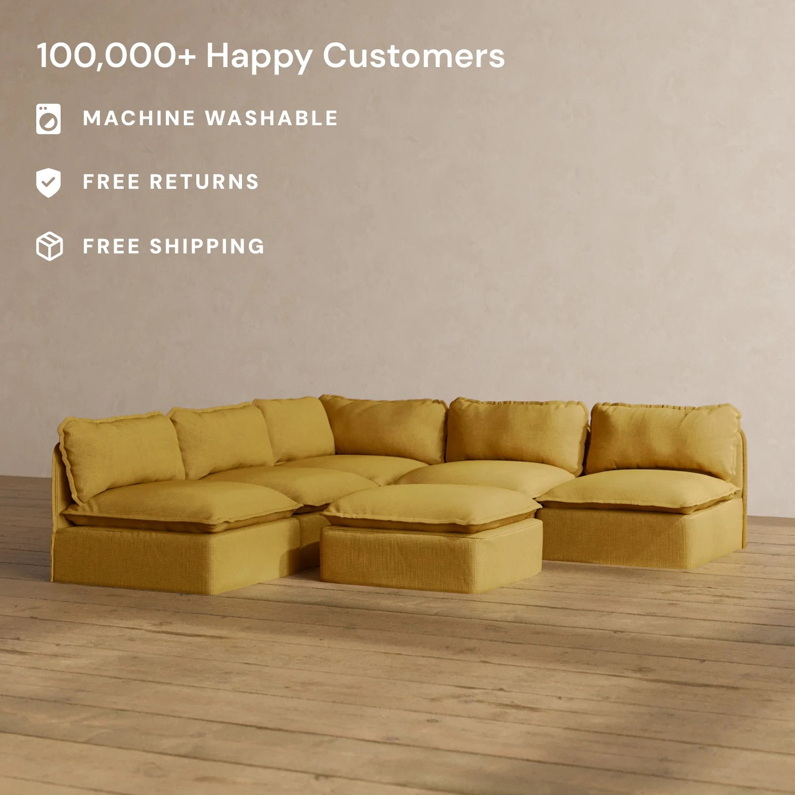 Modular Washable 5-Seater Open-Ends Corner Sectional + Ottoman in Kiiro | Memorix+ Seat | Contour Pillow - Image 2