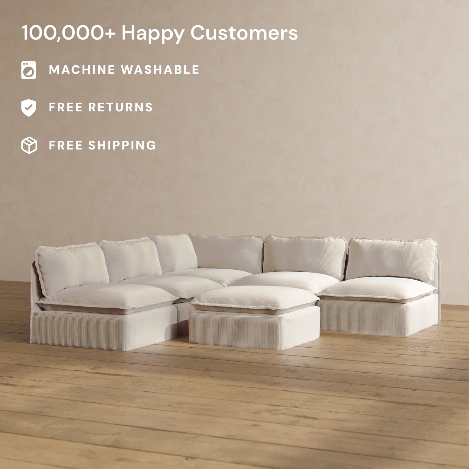 Modular Washable 5-Seater Open-Ends Corner Sectional + Ottoman in Milk | Deluxe+ Seat | Cloud Pillow - Image 2