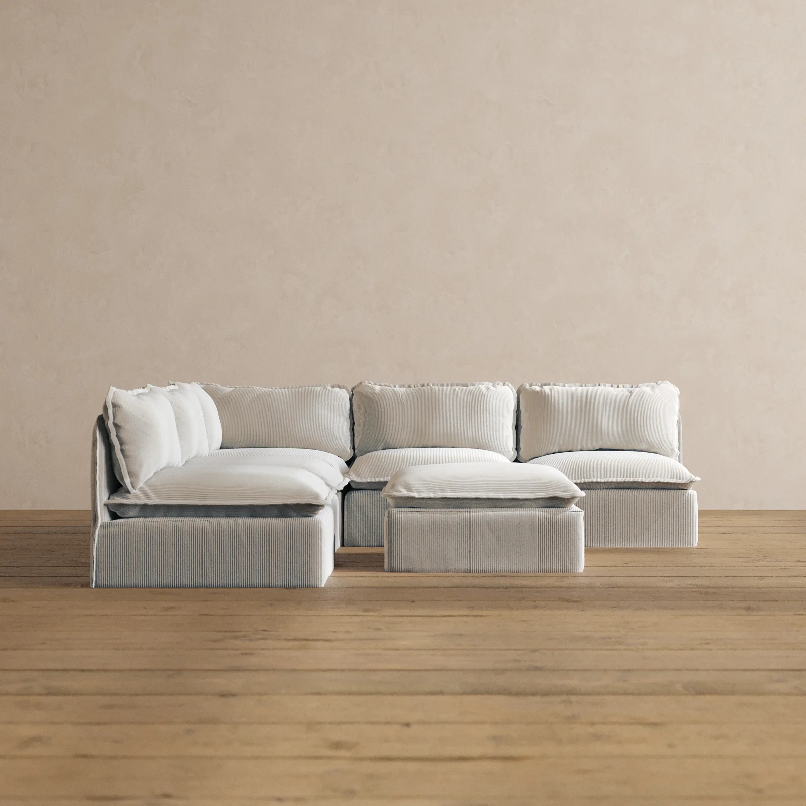 Modular Washable 5-Seater Open-Ends Corner Sectional + Ottoman in Milk | Memorix+ Seat | Contour Pillow