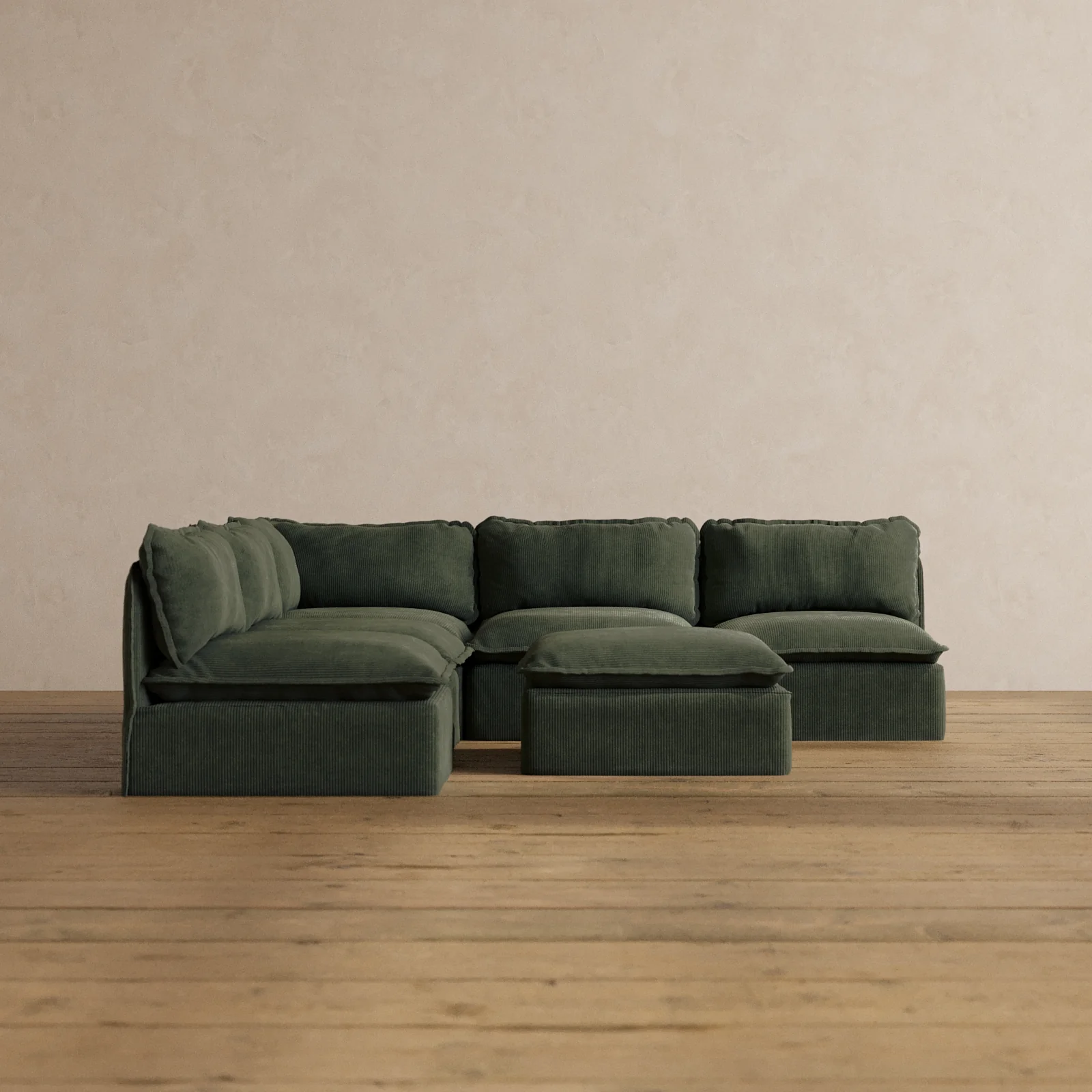 Modular Washable 5-Seater Open-Ends Corner Sectional + Ottoman in Olivine | Memorix+ Seat | Contour Pillow