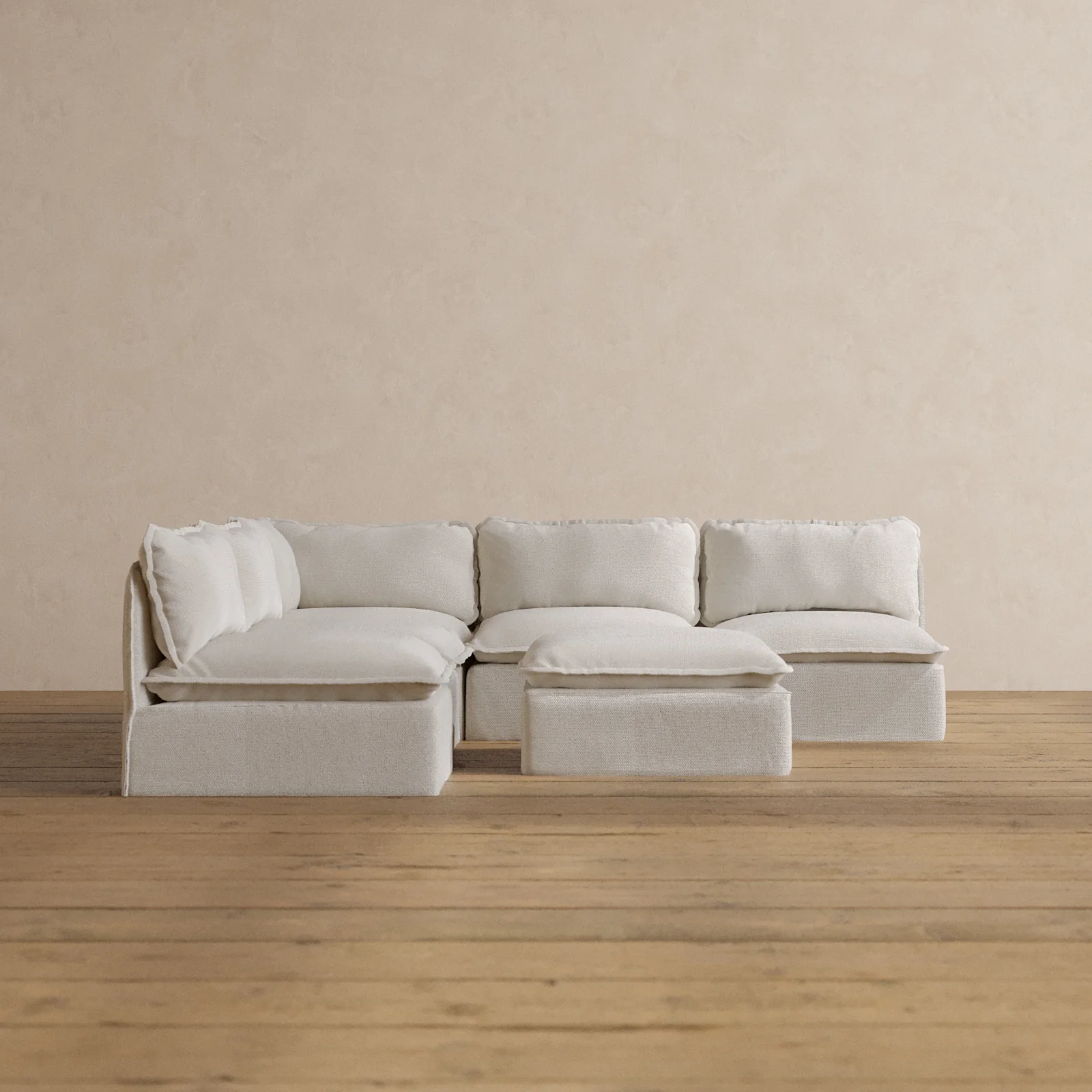 Modular Washable 5-Seater Open-Ends Corner Sectional + Ottoman in Powder | Memorix+ Seat | Contour Pillow