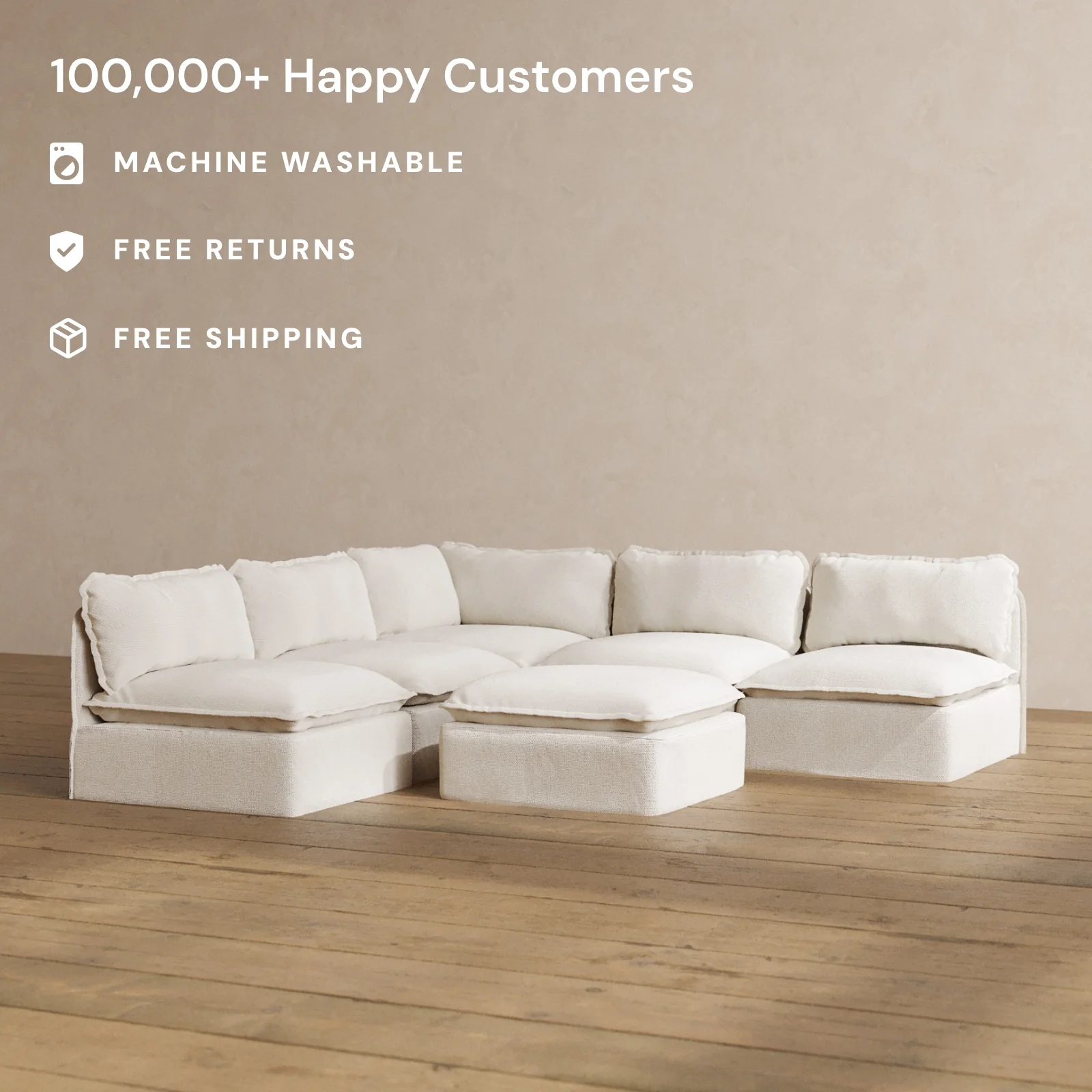 Modular Washable 5-Seater Open-Ends Corner Sectional + Ottoman in Powder | Memorix+ Seat | Contour Pillow - Image 2