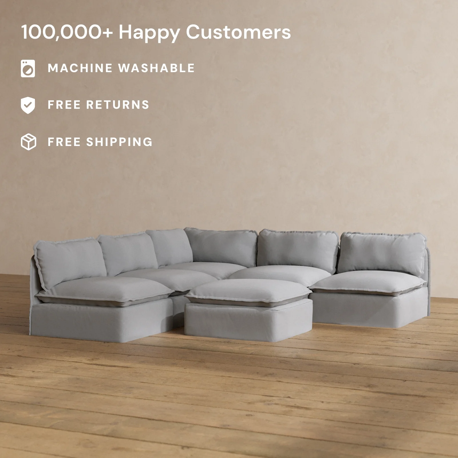 Modular Washable 5-Seater Open-Ends Corner Sectional + Ottoman in Pumice | Memorix+ Seat | Contour Pillow - Image 2