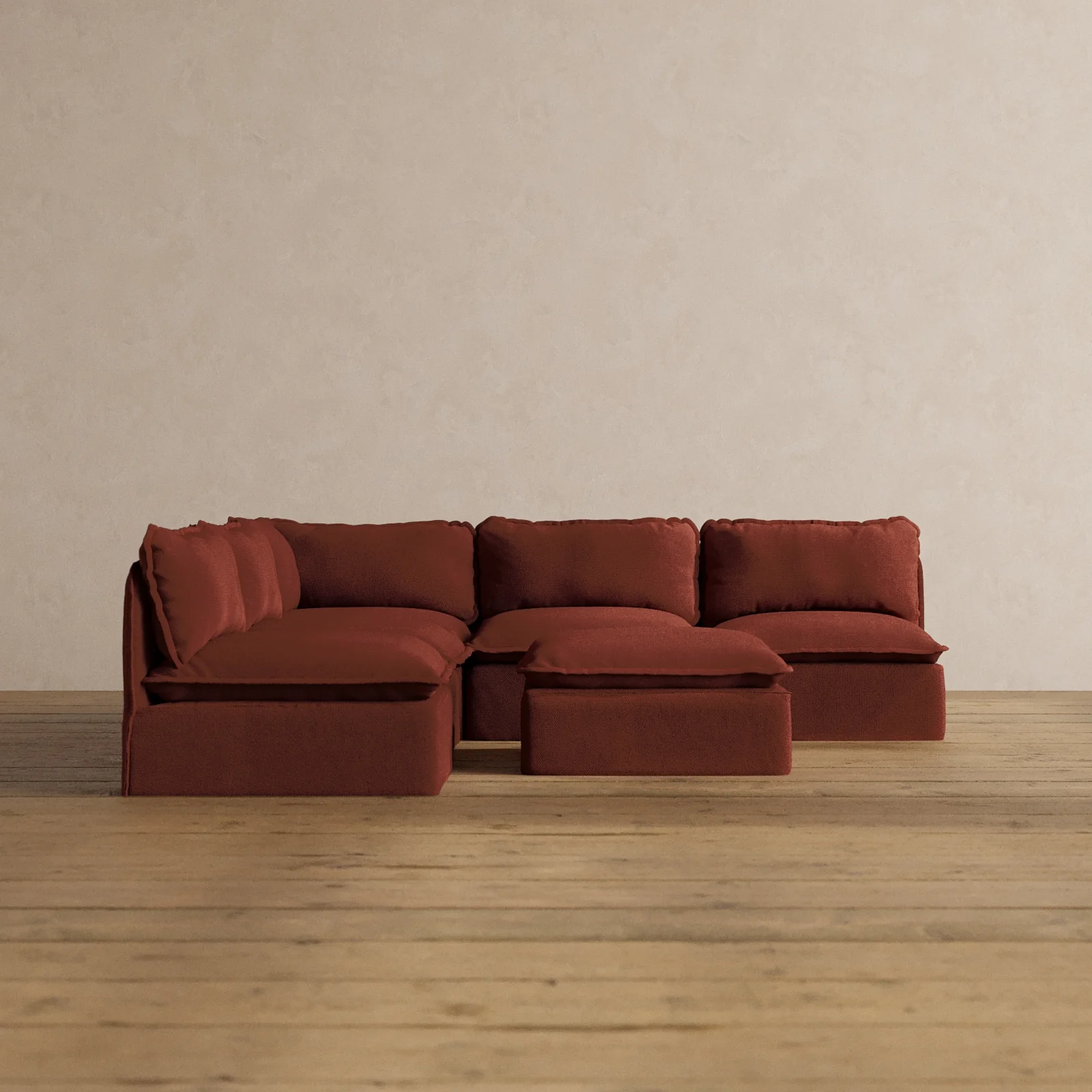 Modular Washable 5-Seater Open-Ends Corner Sectional + Ottoman in Rust | Memorix+ Seat | Contour Pillow