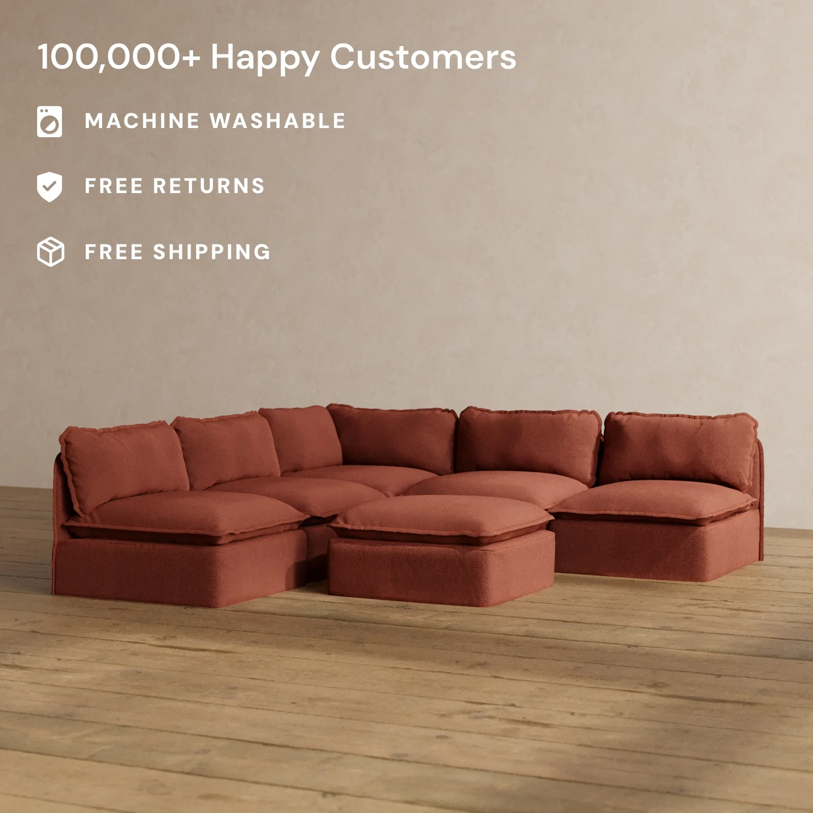 Modular Washable 5-Seater Open-Ends Corner Sectional + Ottoman in Rust | Memorix+ Seat | Contour Pillow - Image 2