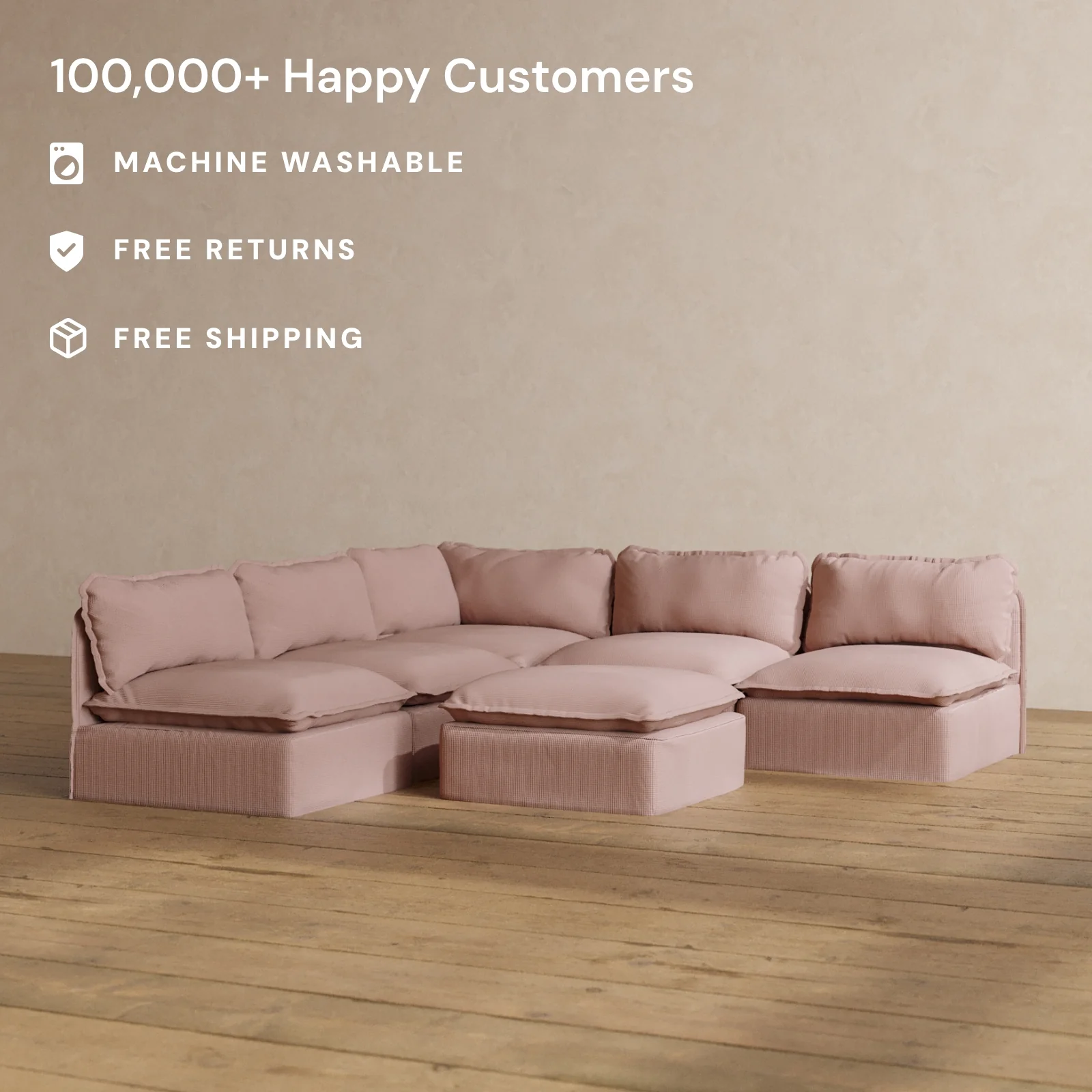 Modular Washable 5-Seater Open-Ends Corner Sectional + Ottoman in Sakura | Memorix+ Seat | Contour Pillow - Image 2
