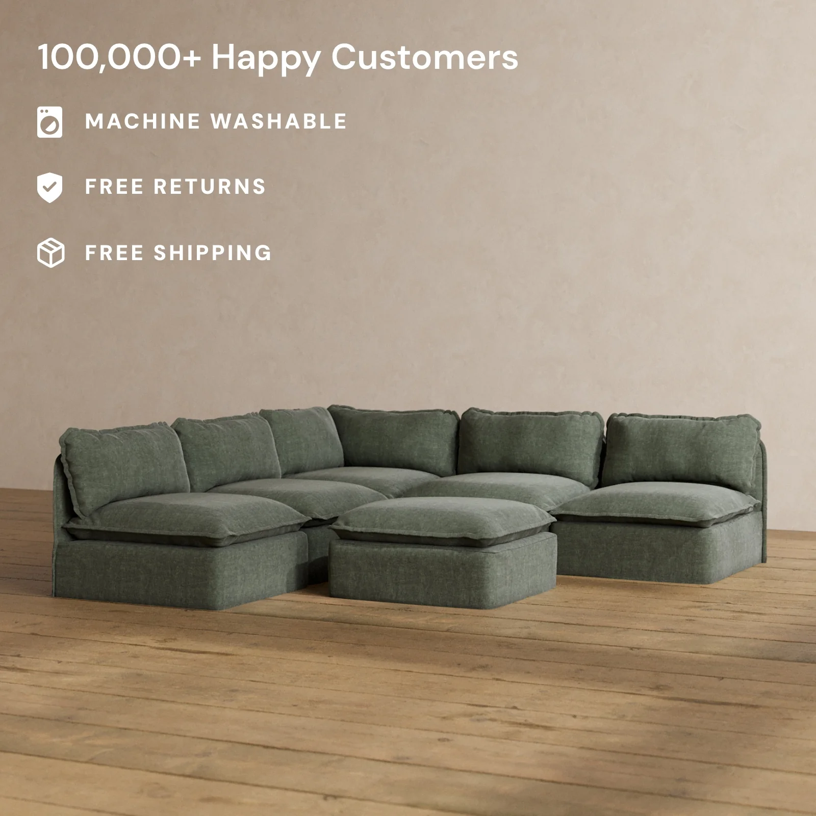 Modular Washable 5-Seater Open-Ends Corner Sectional + Ottoman in Willow | Deluxe+ Seat | Cloud Pillow - Image 2