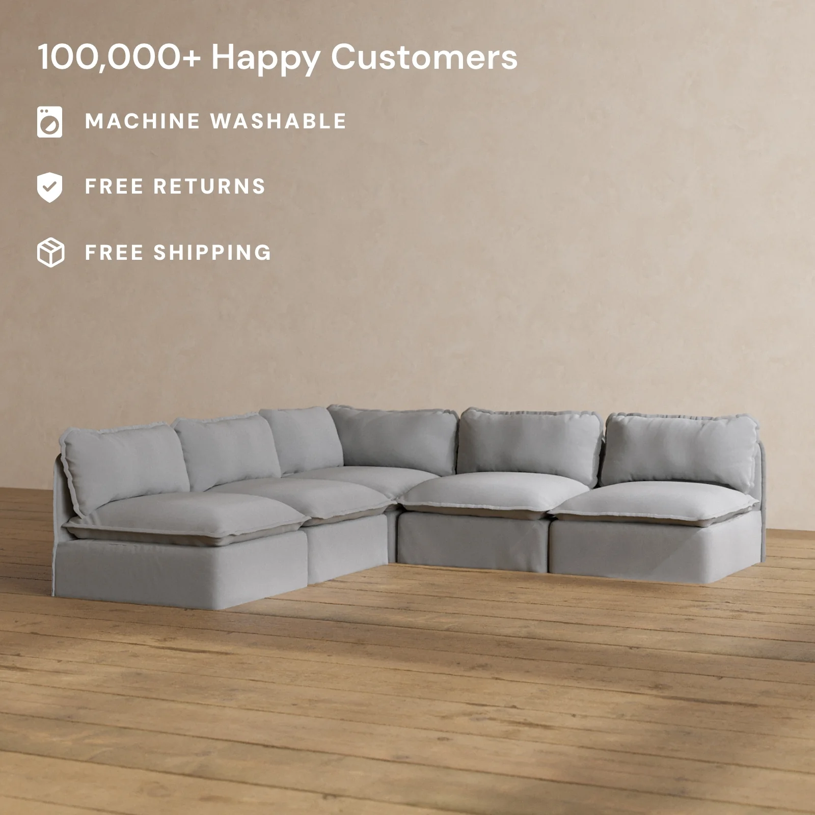 Modular Washable 5-Seater Open-Ends Corner Sectional in Pumice | Deluxe+ Seat | Cloud Pillow - Image 2