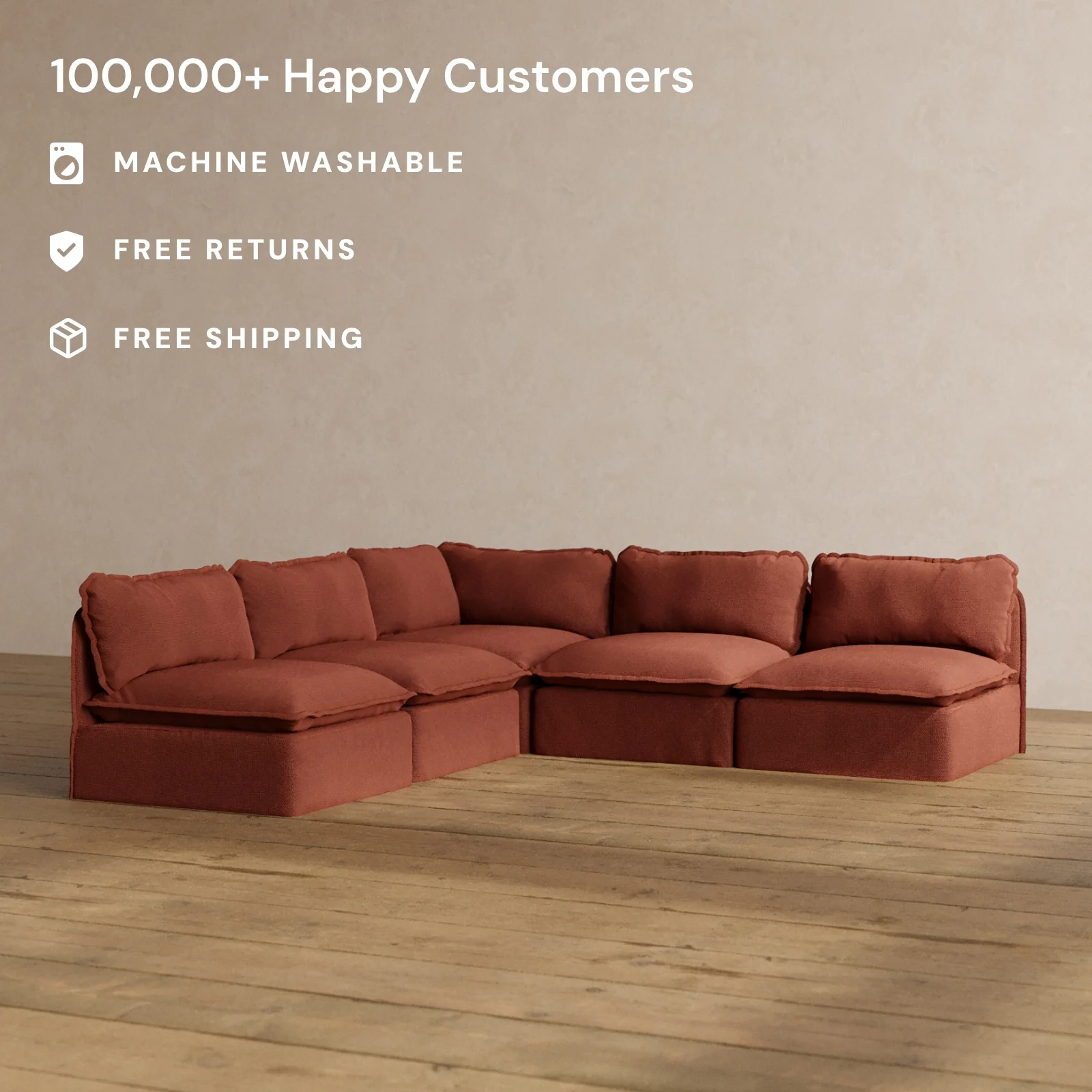 Modular Washable 5-Seater Open-Ends Corner Sectional in Rust | Deluxe+ Seat | Cloud Pillow - Image 2