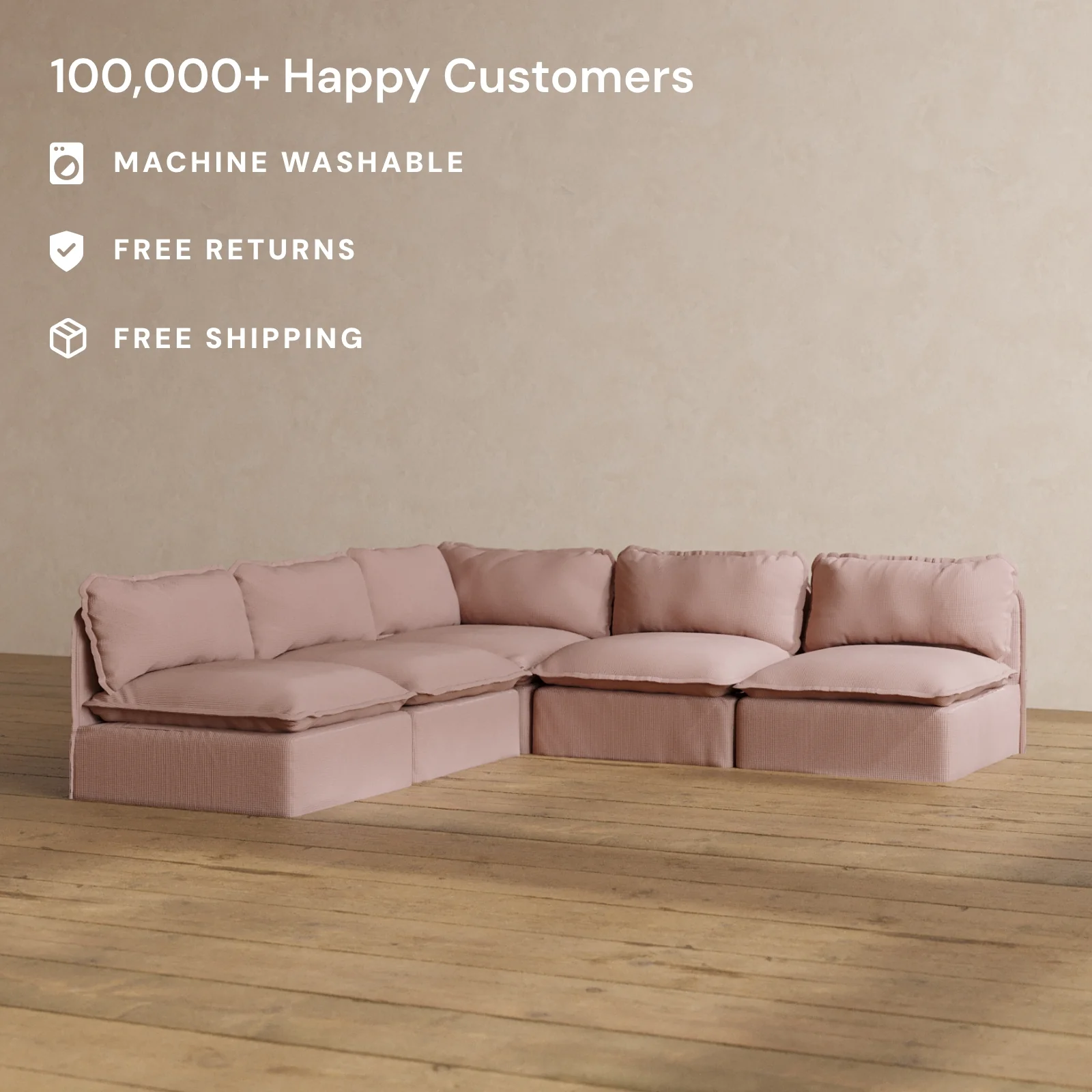 Modular Washable 5-Seater Open-Ends Corner Sectional in Sakura | Deluxe+ Seat | Cloud Pillow - Image 2
