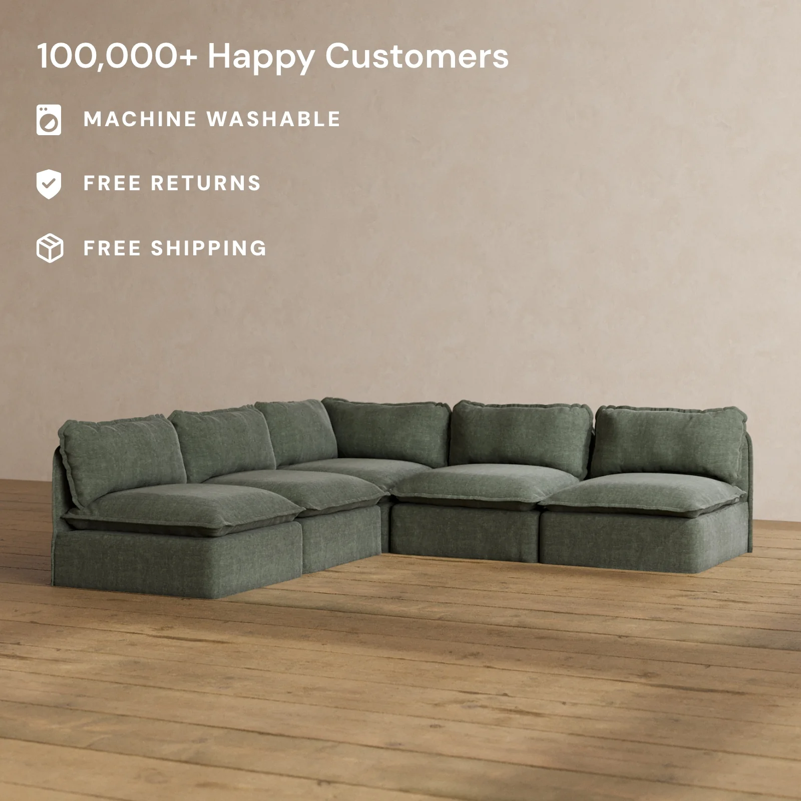 Modular Washable 5-Seater Open-Ends Corner Sectional in Willow | Deluxe+ Seat | Cloud Pillow - Image 2