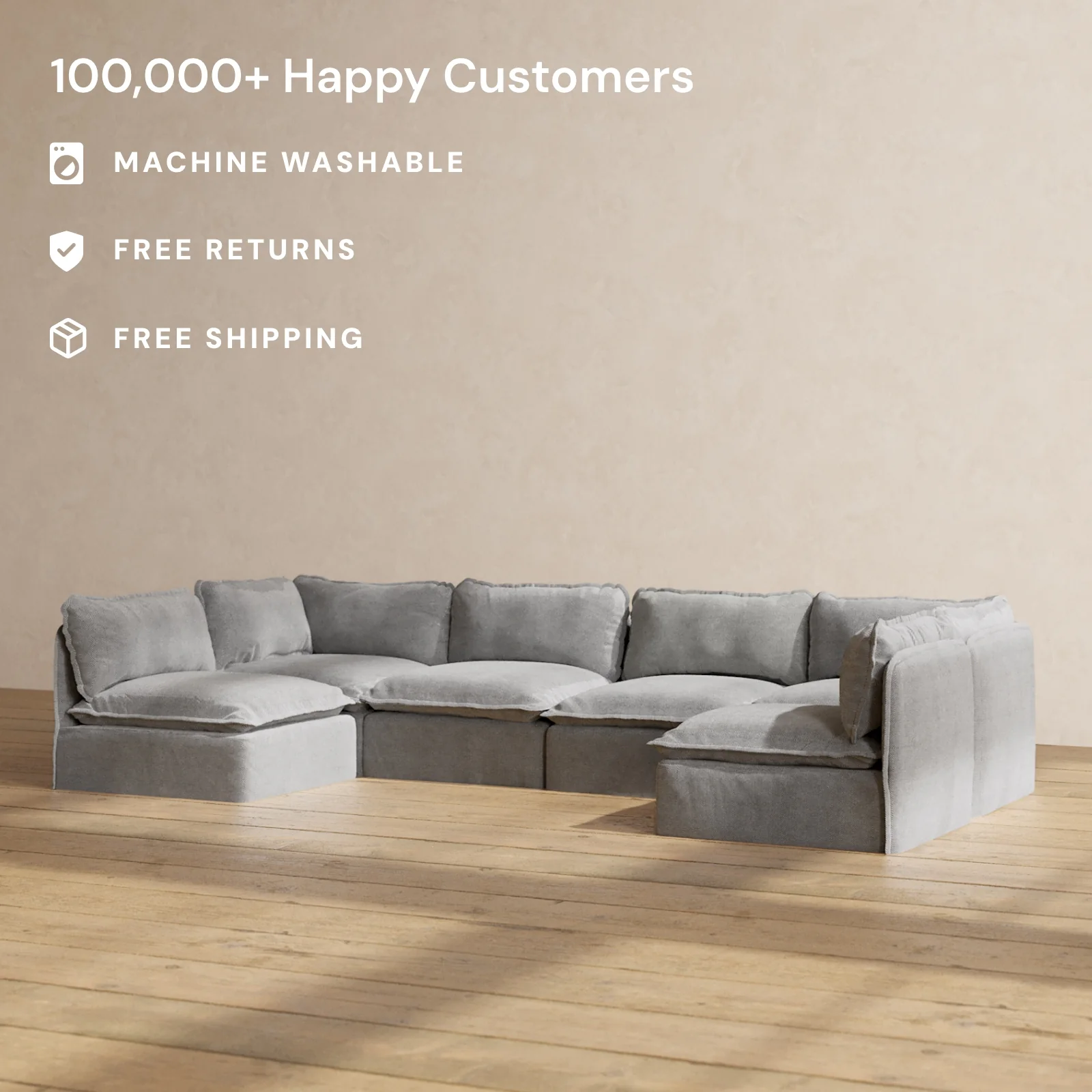 Modular Washable 6-Seater Open-Ends U-Sectional in Ash | Deluxe+ Seat | Cloud Pillow - Image 2