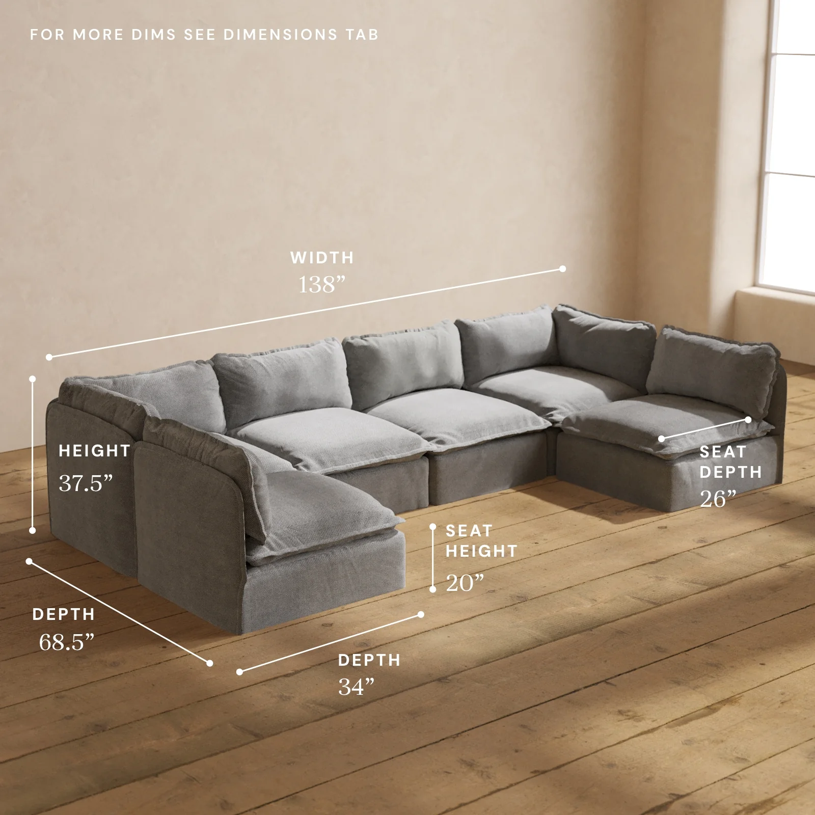 Modular Washable 6-Seater Open-Ends U-Sectional in Ash | Memorix+ Seat | Contour Pillow - Image 5