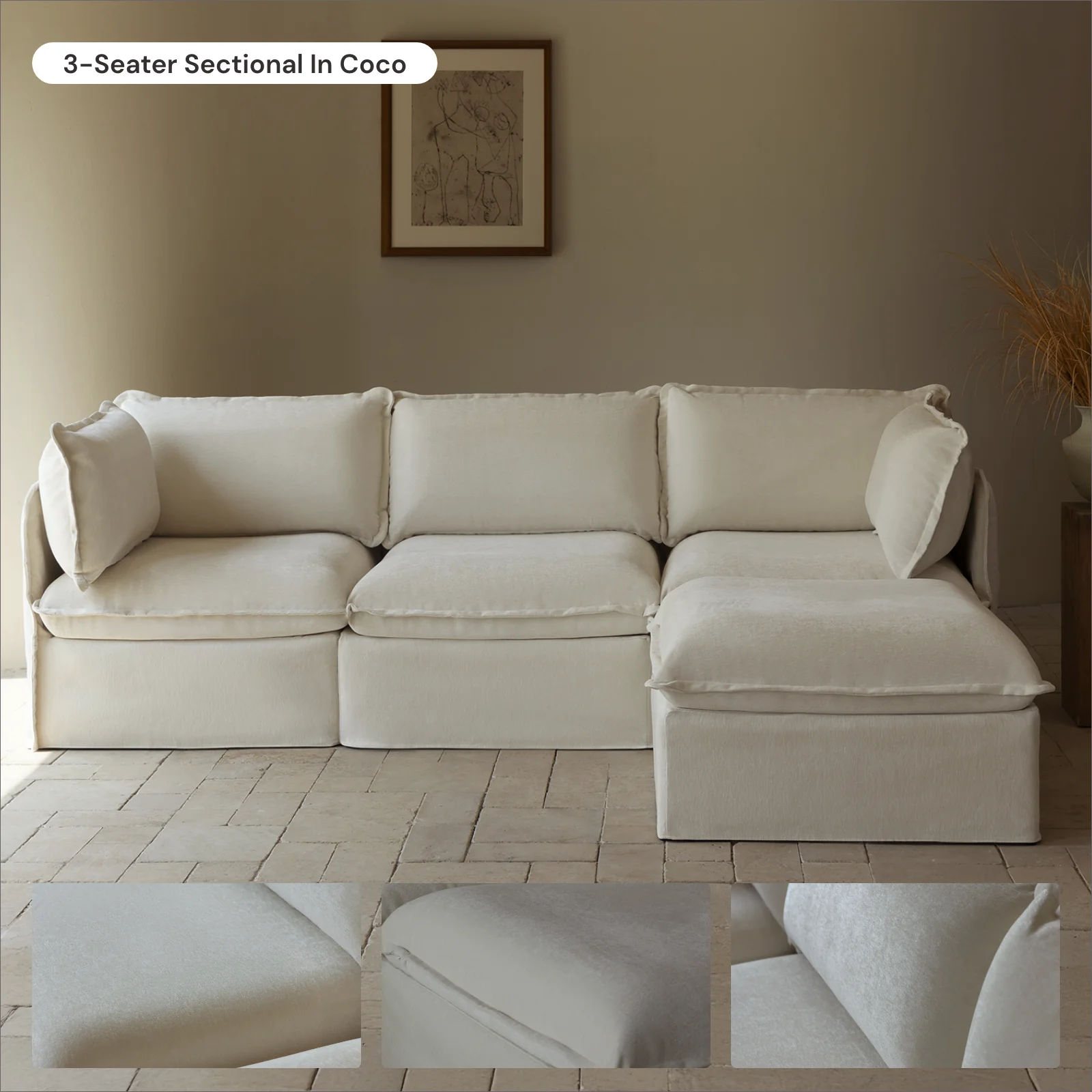 Modular Washable 6-Seater Open-Ends U-Sectional in Coco | Deluxe+ Seat | Cloud Pillow - Image 7