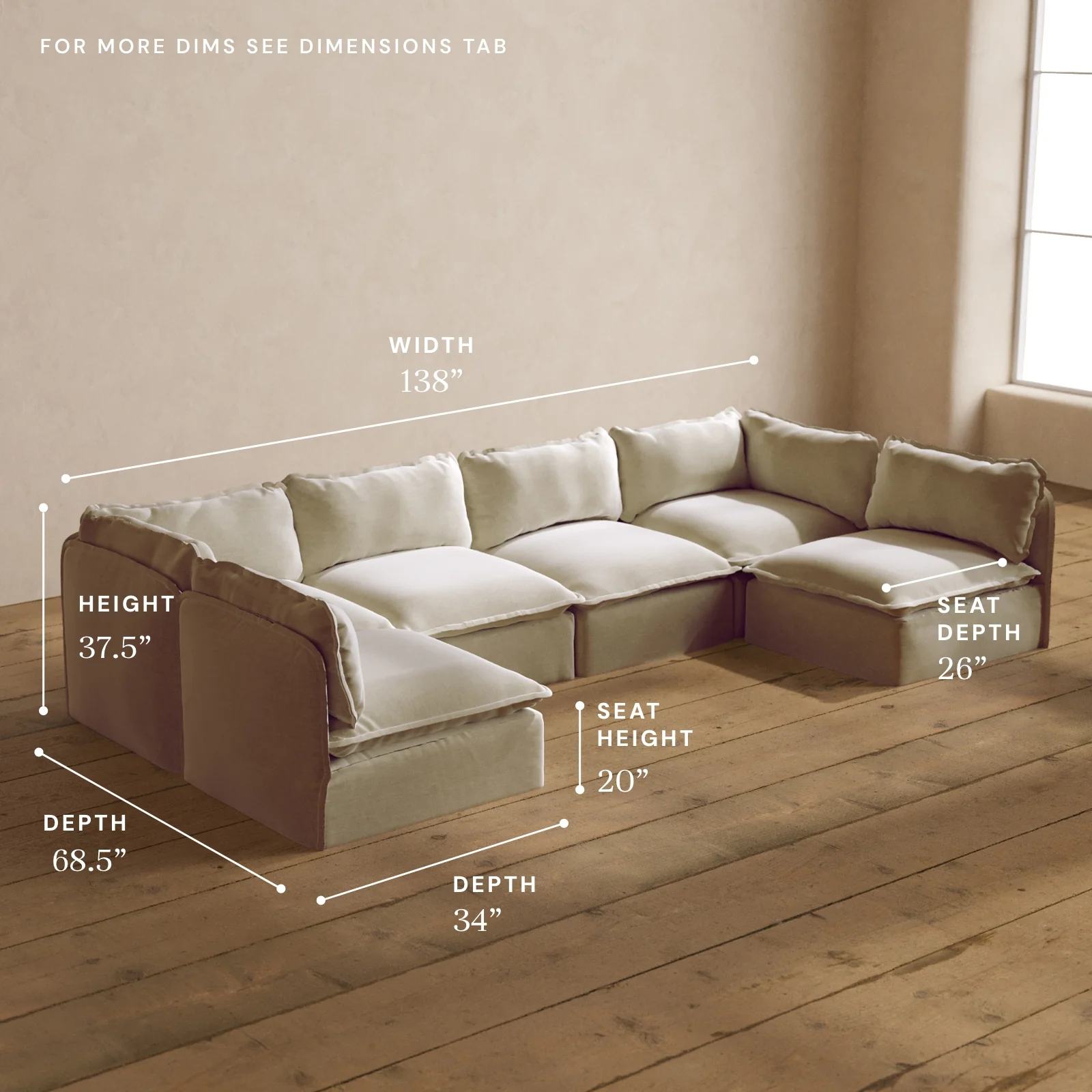Modular Washable 6-Seater Open-Ends U-Sectional in Coco | Memorix+ Seat | Contour Pillow - Image 5