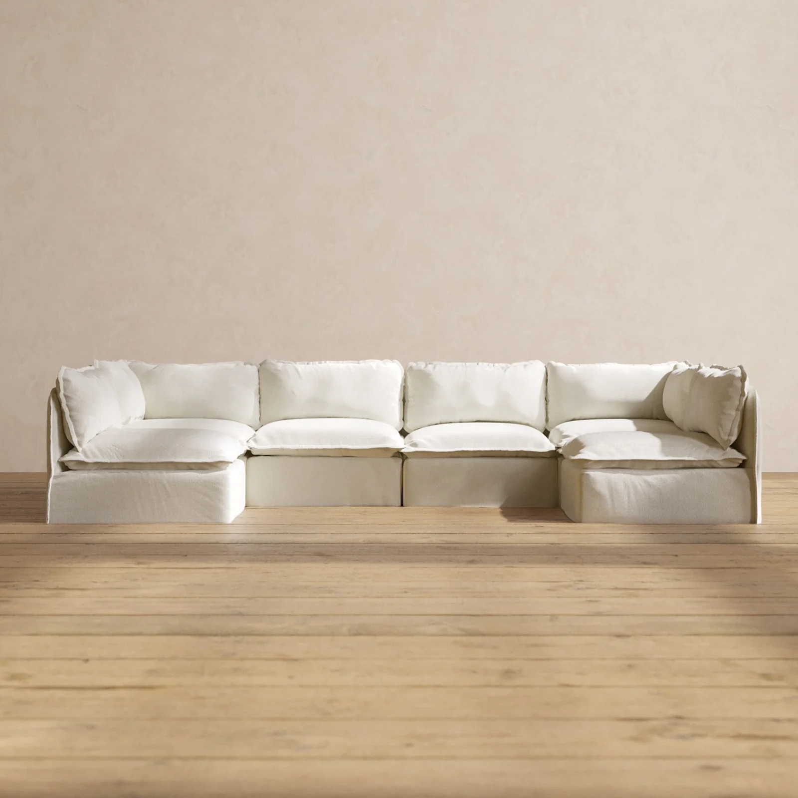 Modular Washable 6-Seater Open-Ends U-Sectional in Eggshell | Deluxe+ Seat | Cloud Pillow