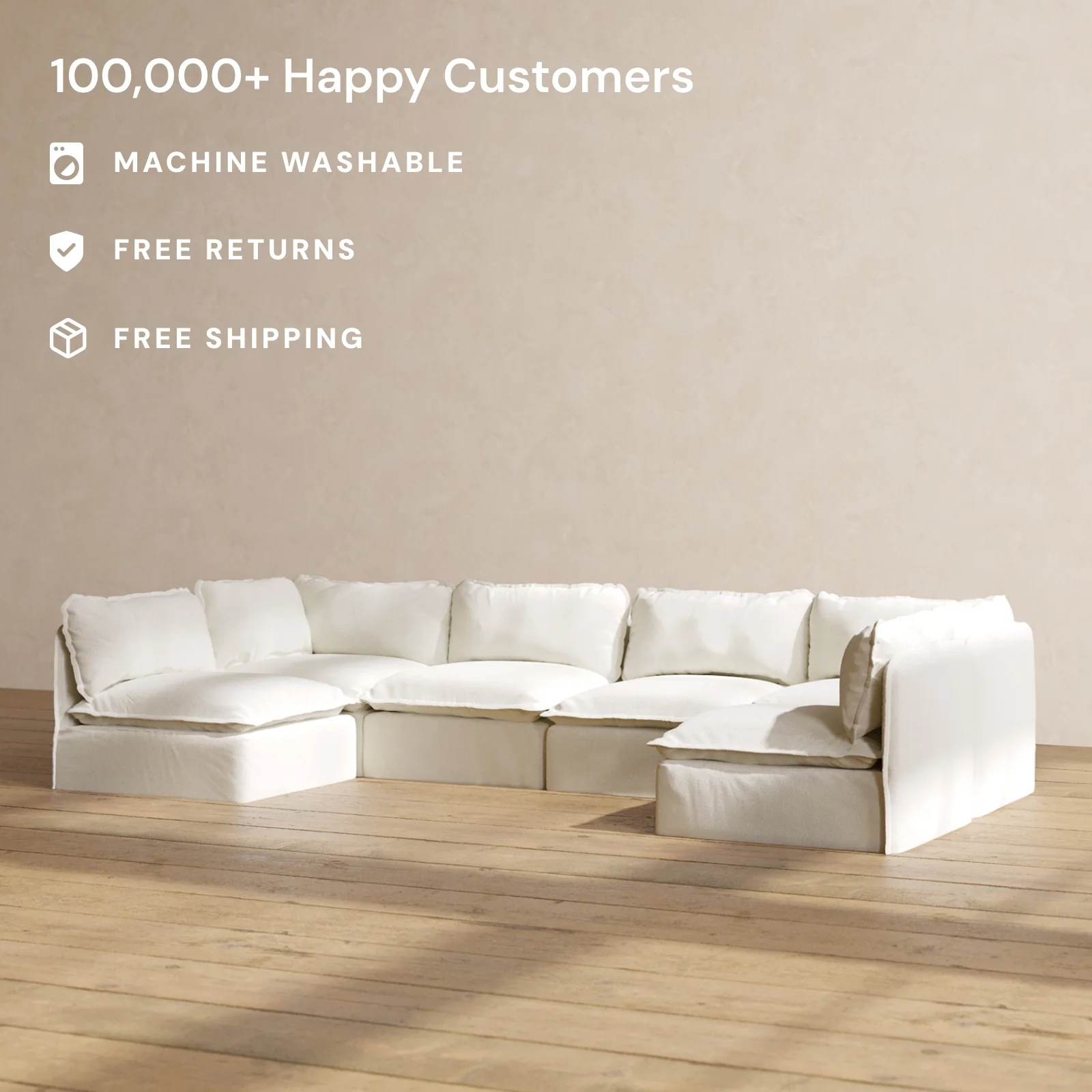 Modular Washable 6-Seater Open-Ends U-Sectional in Eggshell | Deluxe+ Seat | Cloud Pillow - Image 2