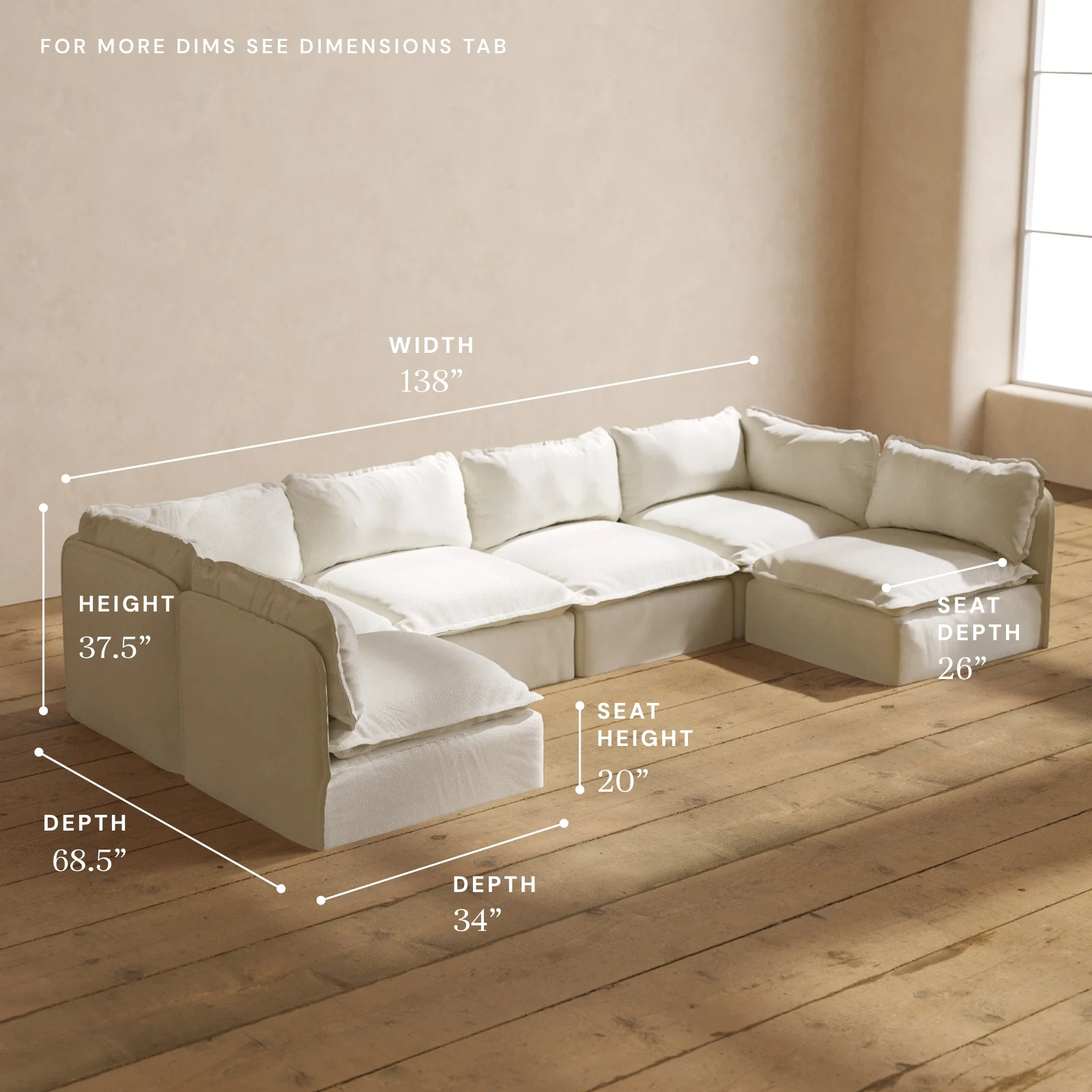 Modular Washable 6-Seater Open-Ends U-Sectional in Eggshell | Deluxe+ Seat | Cloud Pillow - Image 5