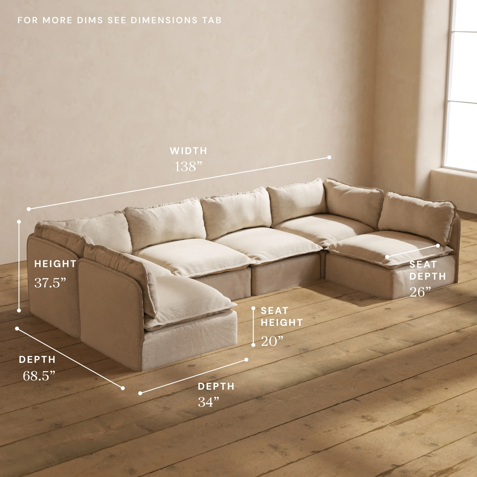 Modular Washable 6-Seater Open-Ends U-Sectional in Oat | Memorix+ Seat | Contour Pillow - Image 5