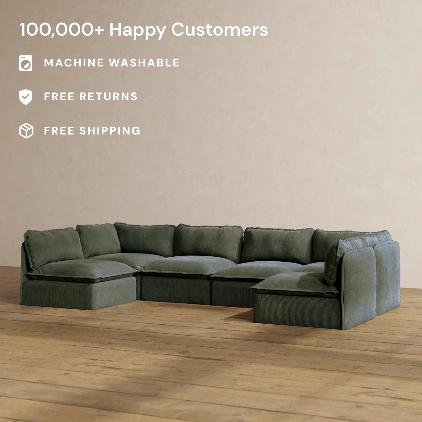 Modular Washable 6-Seater Open-Ends U-Sectional in Olivine | Deluxe+ Seat | Cloud Pillow - Image 2