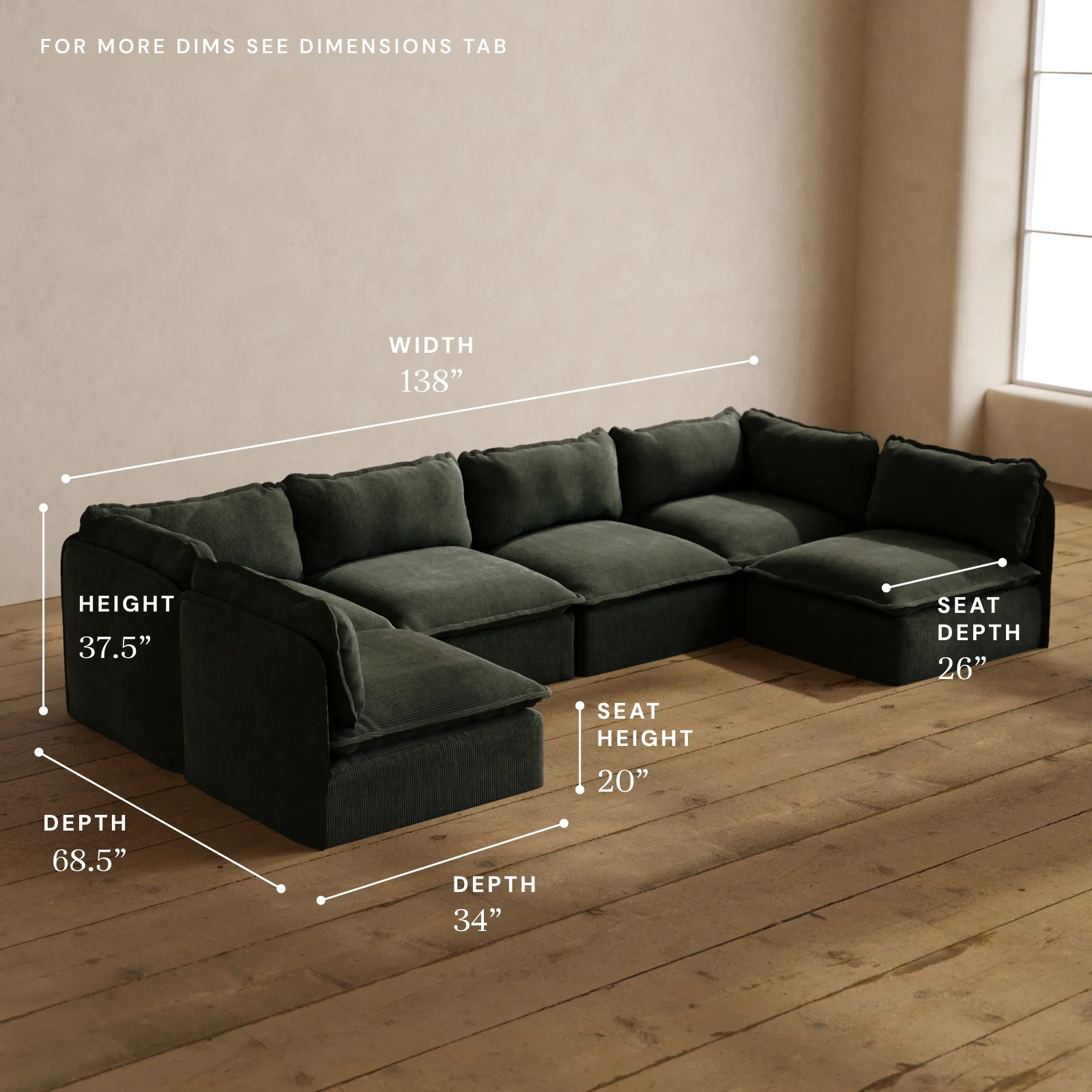 Modular Washable 6-Seater Open-Ends U-Sectional in Olivine | Deluxe+ Seat | Cloud Pillow - Image 5