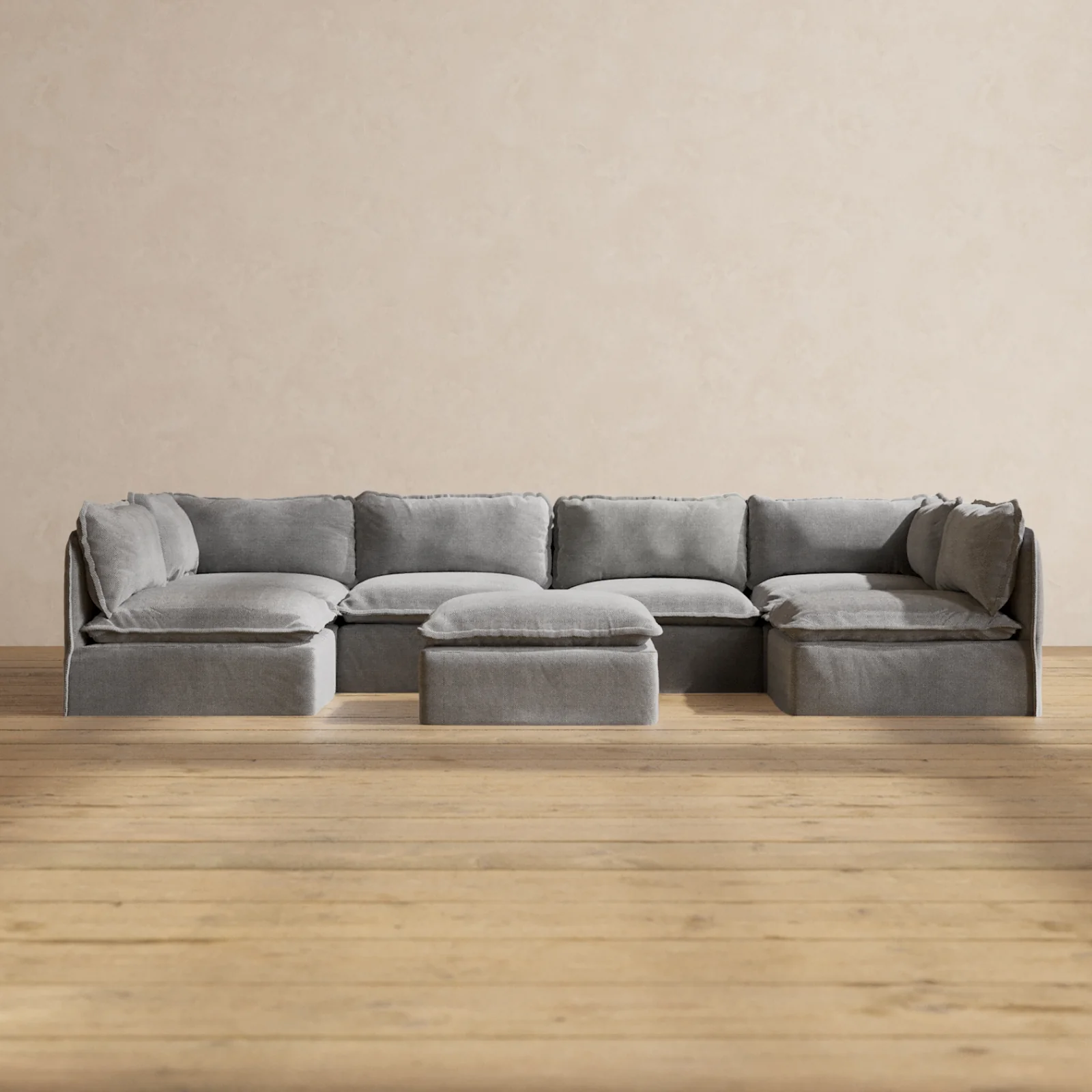 Modular Washable 6-Seater Open-Ends U-Sectional + Ottoman in Ash | Deluxe+ Seat | Cloud Pillow