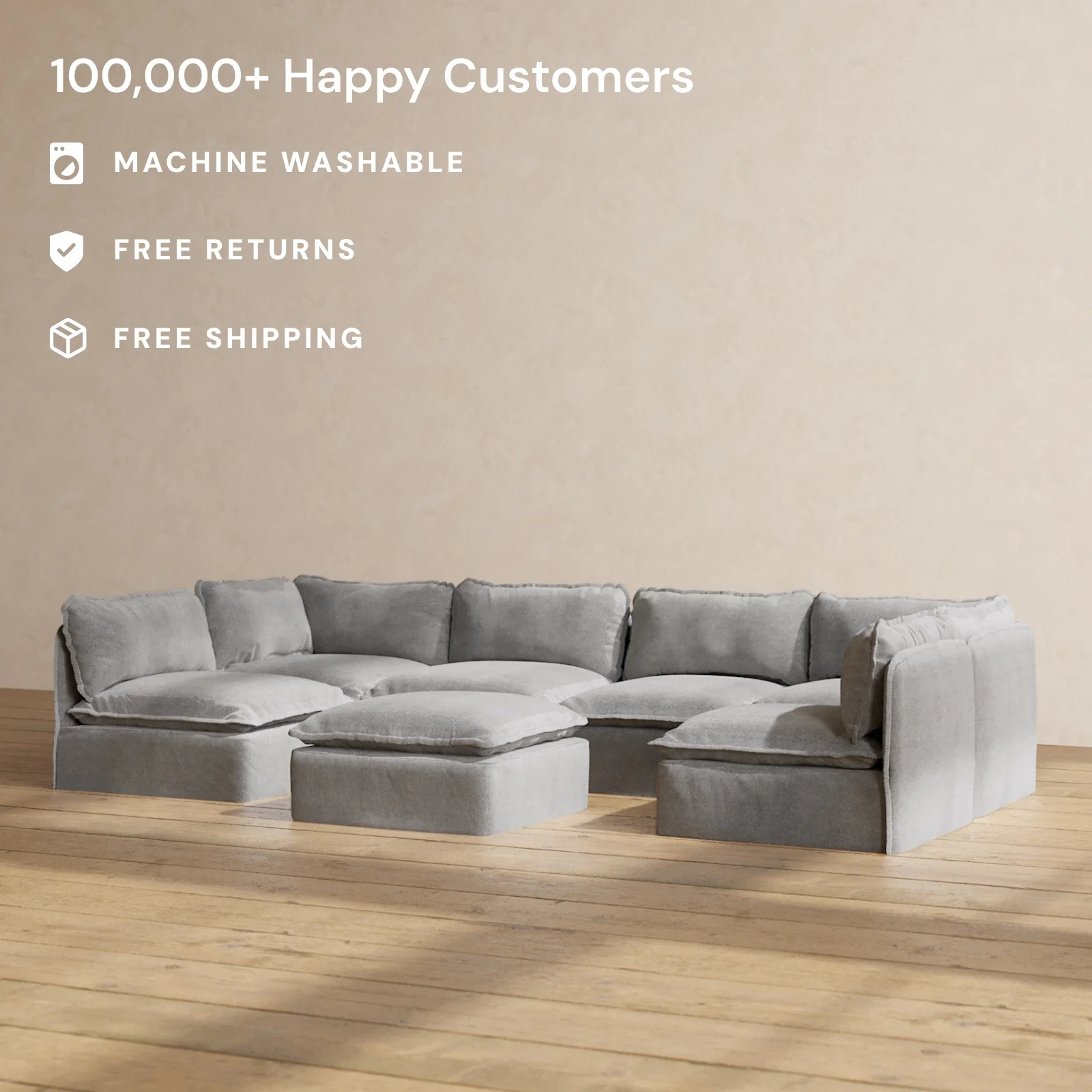 Modular Washable 6-Seater Open-Ends U-Sectional + Ottoman in Ash | Deluxe+ Seat | Cloud Pillow - Image 2