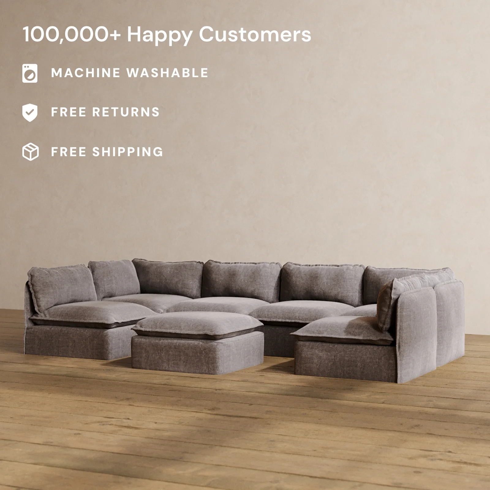 Modular Washable 6-Seater Open-Ends U-Sectional + Ottoman in Caviar | Memorix+ Seat | Contour Pillow - Image 2