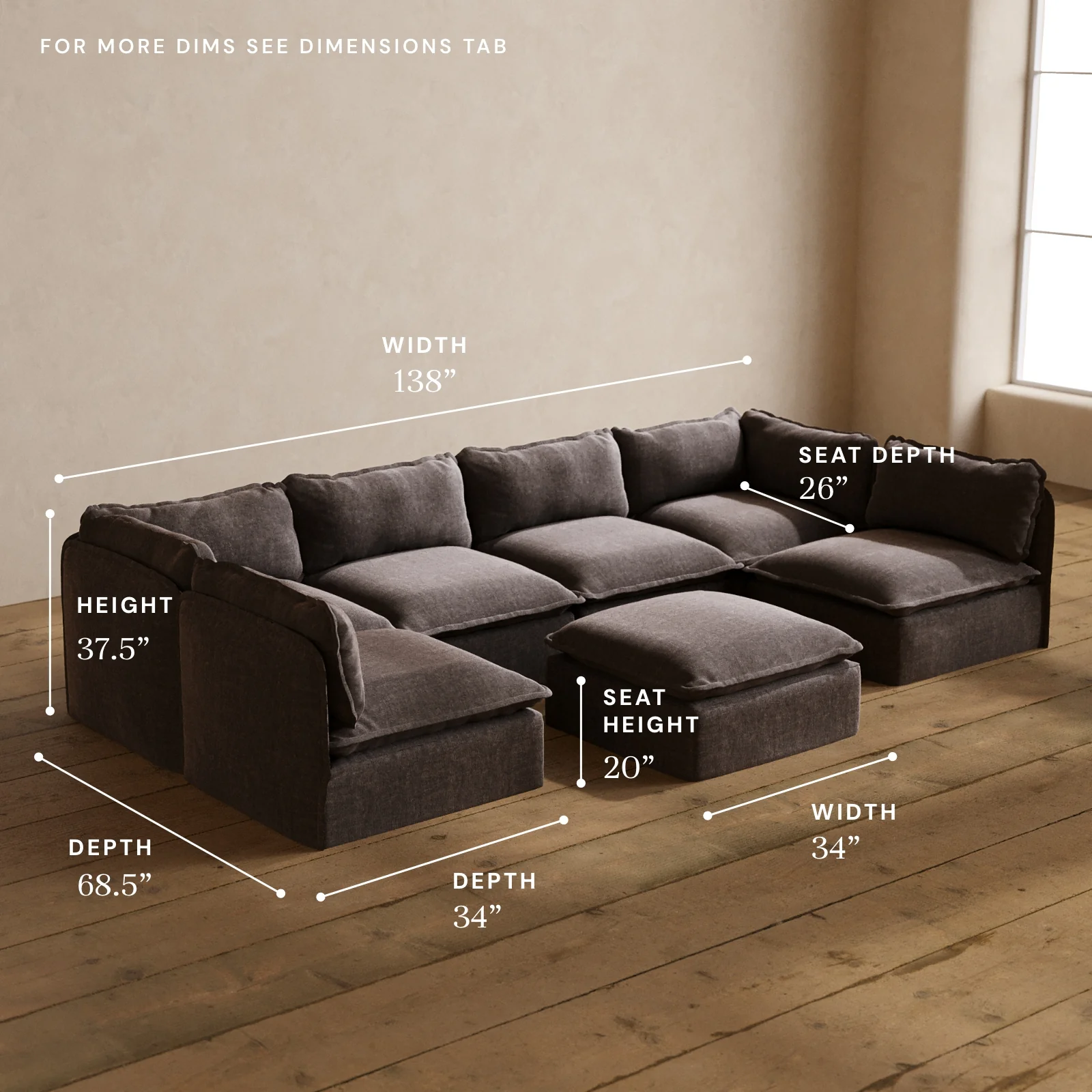 Modular Washable 6-Seater Open-Ends U-Sectional + Ottoman in Caviar | Memorix+ Seat | Contour Pillow - Image 5
