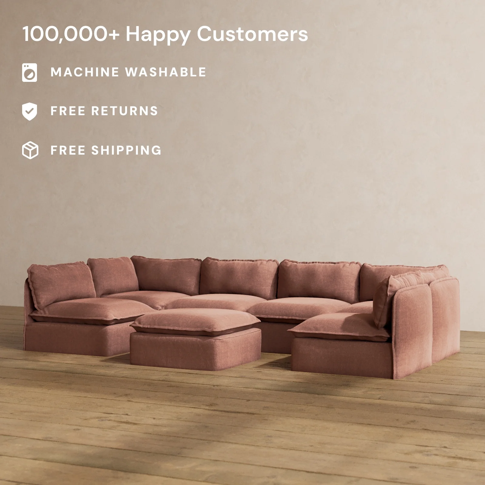 Modular Washable 6-Seater Open-Ends U-Sectional + Ottoman in Chestnut | Memorix+ Seat | Contour Pillow - Image 2