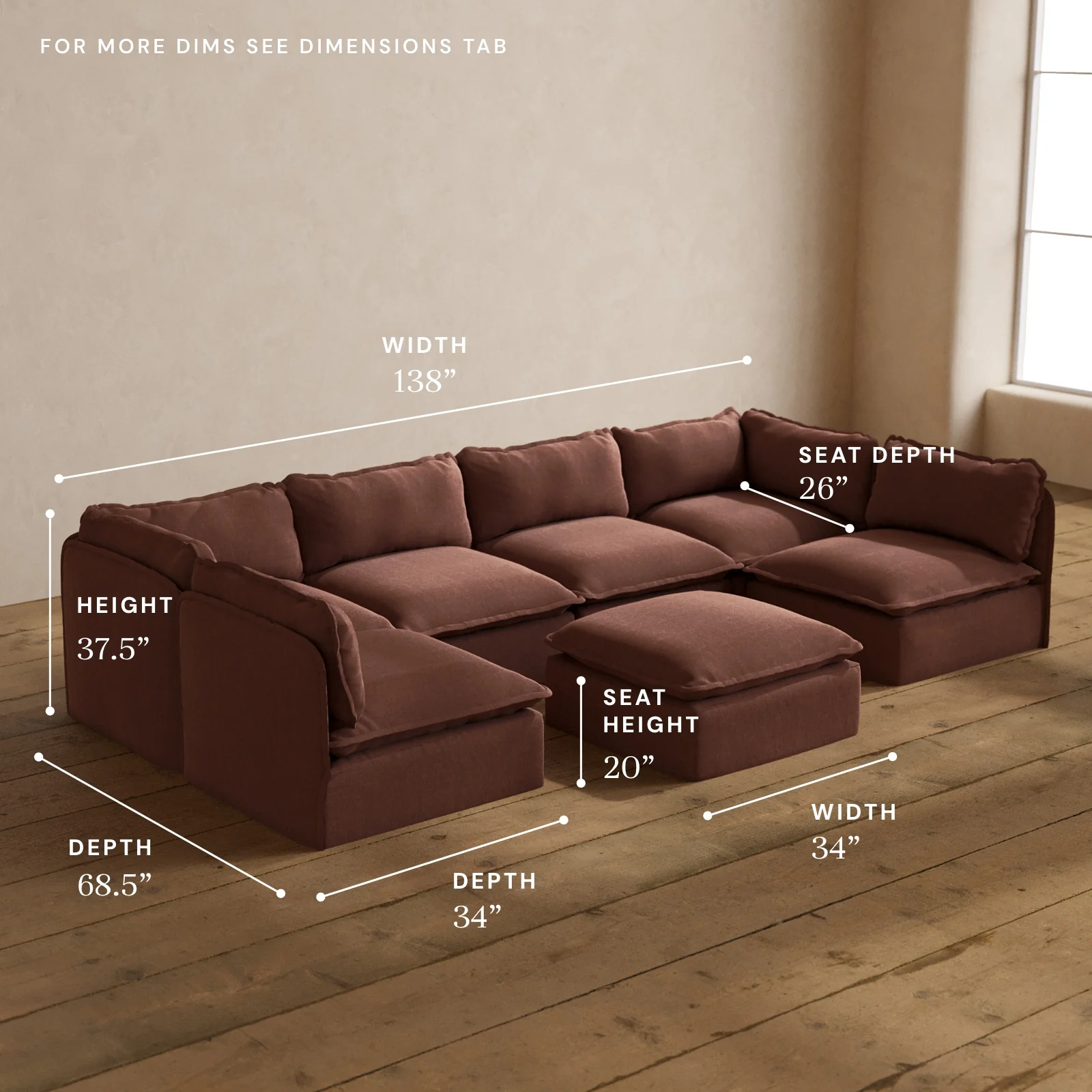 Modular Washable 6-Seater Open-Ends U-Sectional + Ottoman in Chestnut | Memorix+ Seat | Contour Pillow - Image 5