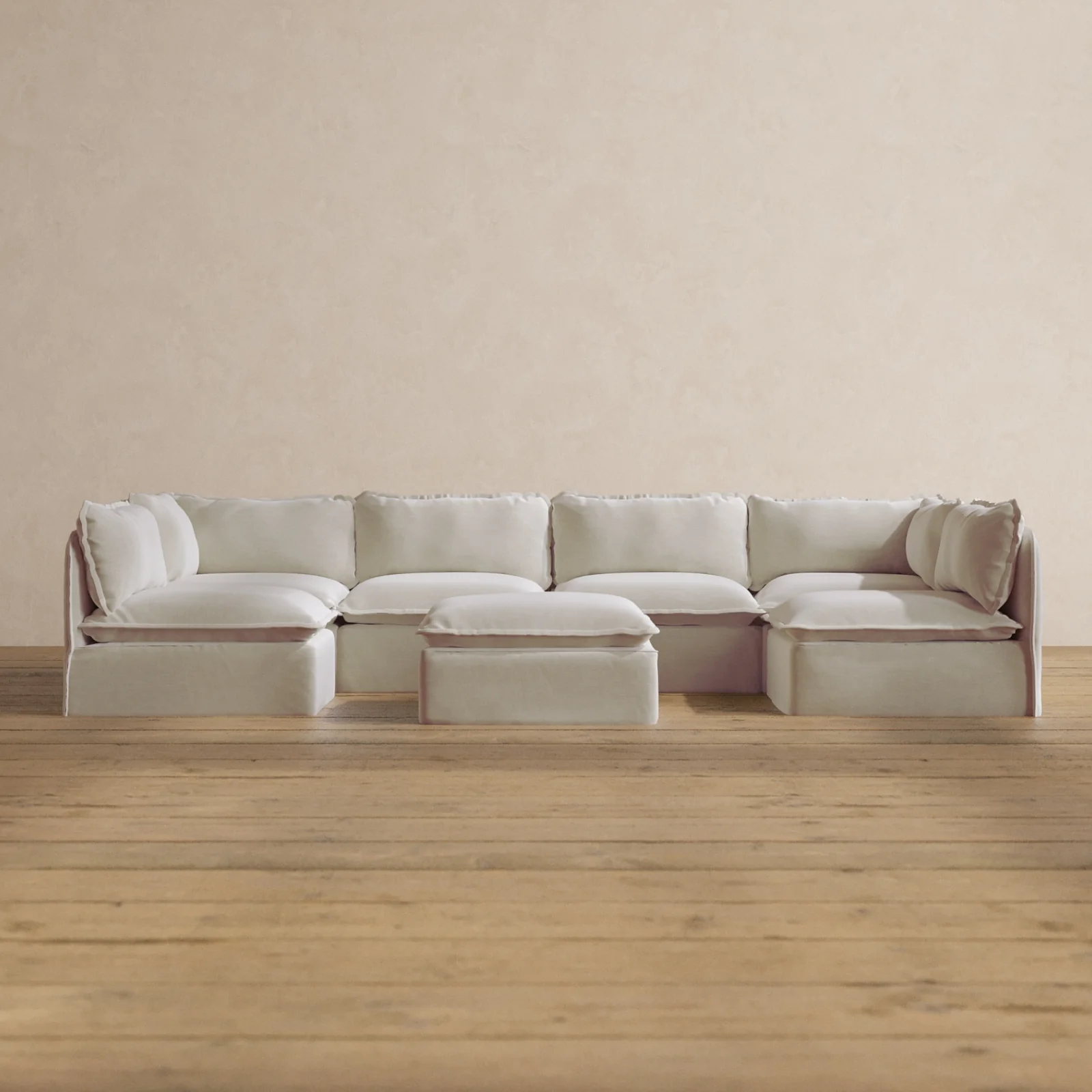 Modular Washable 6-Seater Open-Ends U-Sectional + Ottoman in Coco | Deluxe+ Seat | Cloud Pillow