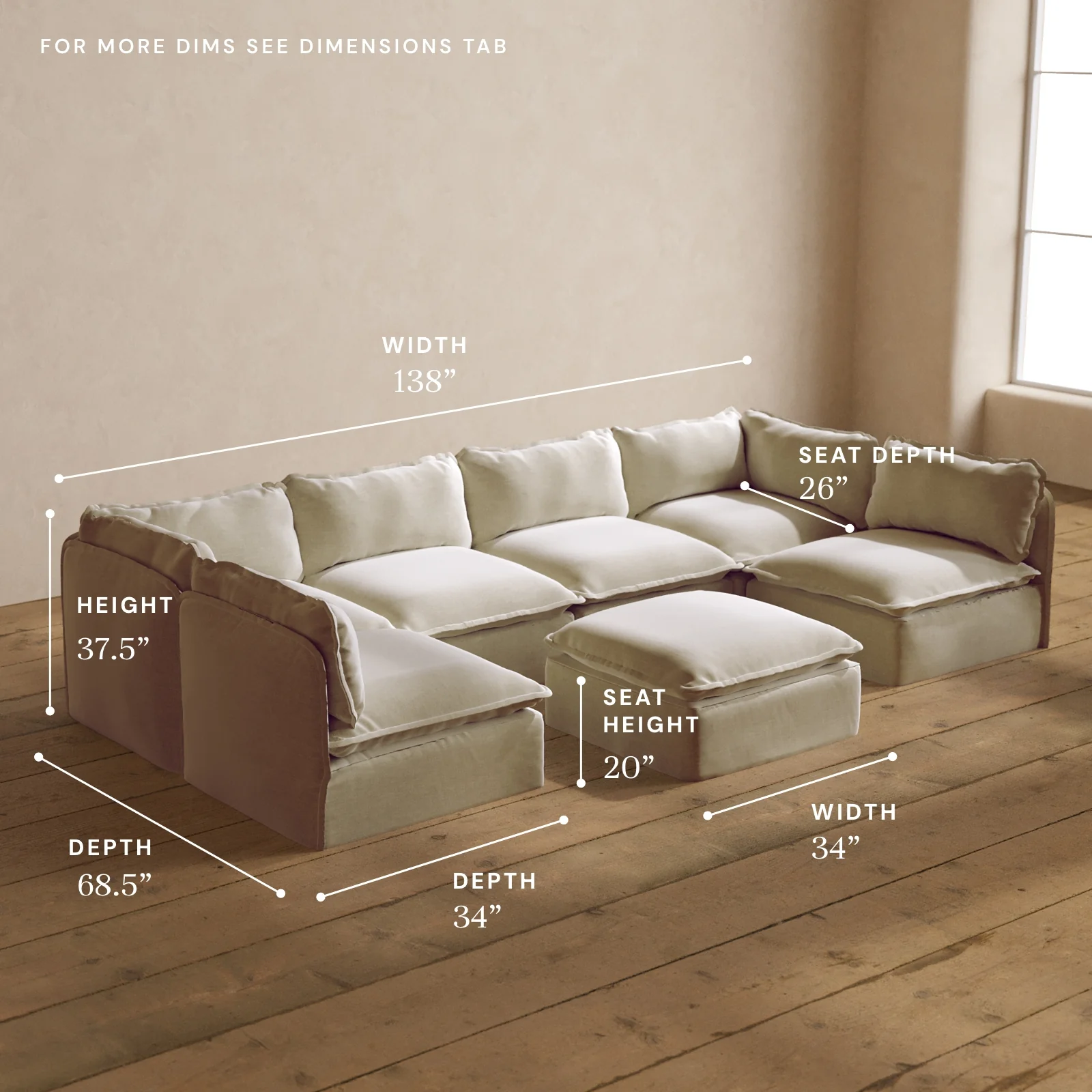 Modular Washable 6-Seater Open-Ends U-Sectional + Ottoman in Coco | Deluxe+ Seat | Cloud Pillow - Image 5