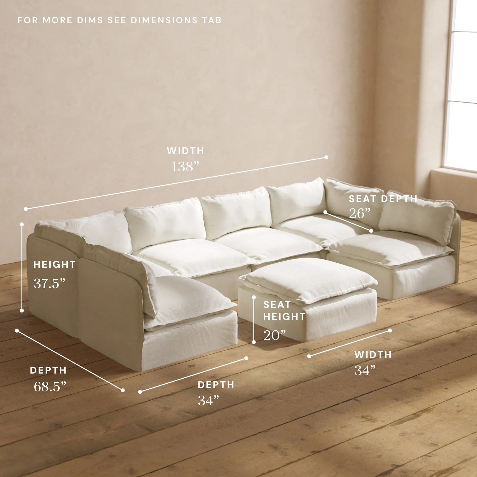 Modular Washable 6-Seater Open-Ends U-Sectional + Ottoman in Eggshell | Deluxe+ Seat | Cloud Pillow - Image 5