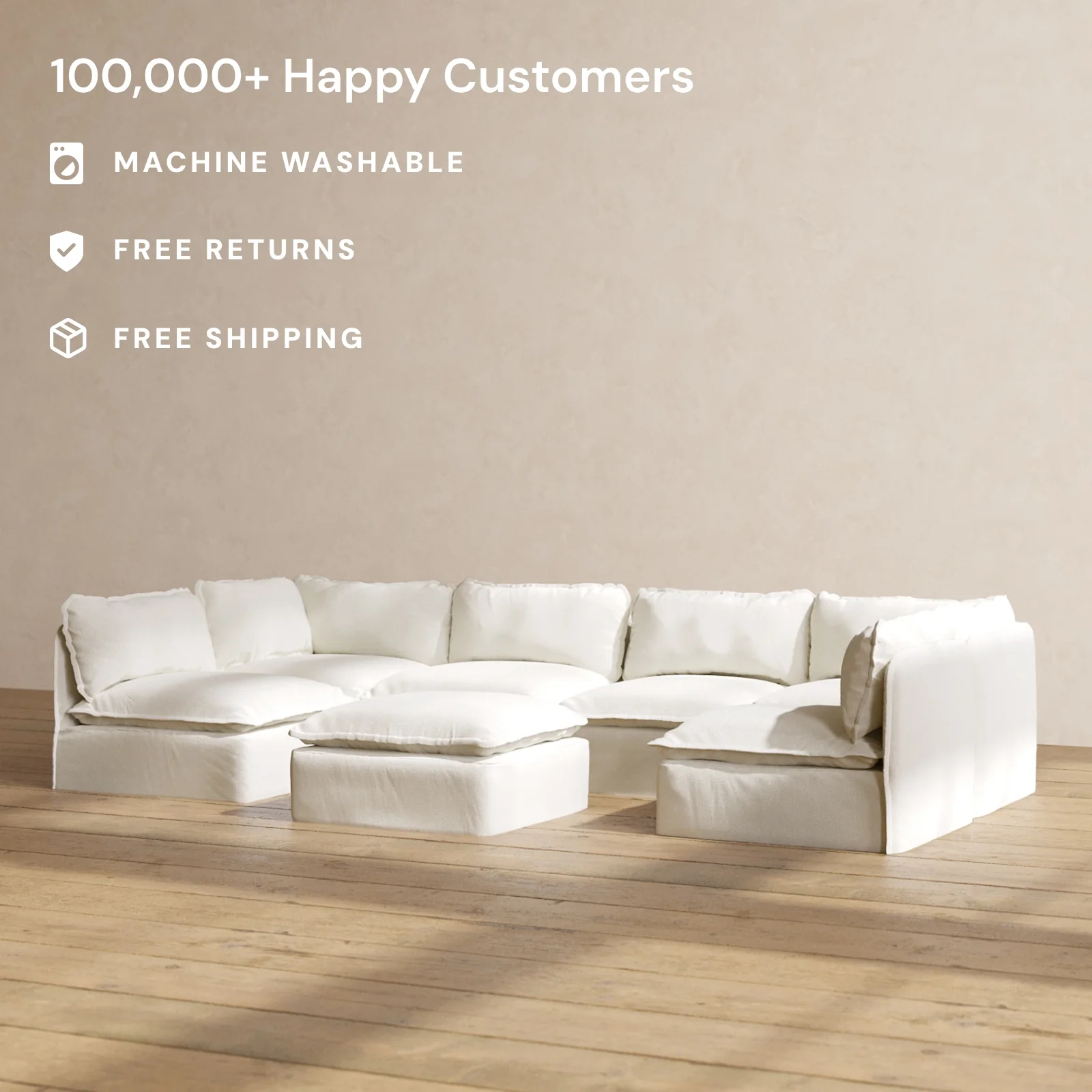 Modular Washable 6-Seater Open-Ends U-Sectional + Ottoman in Eggshell | Memorix+ Seat | Contour Pillow - Image 2